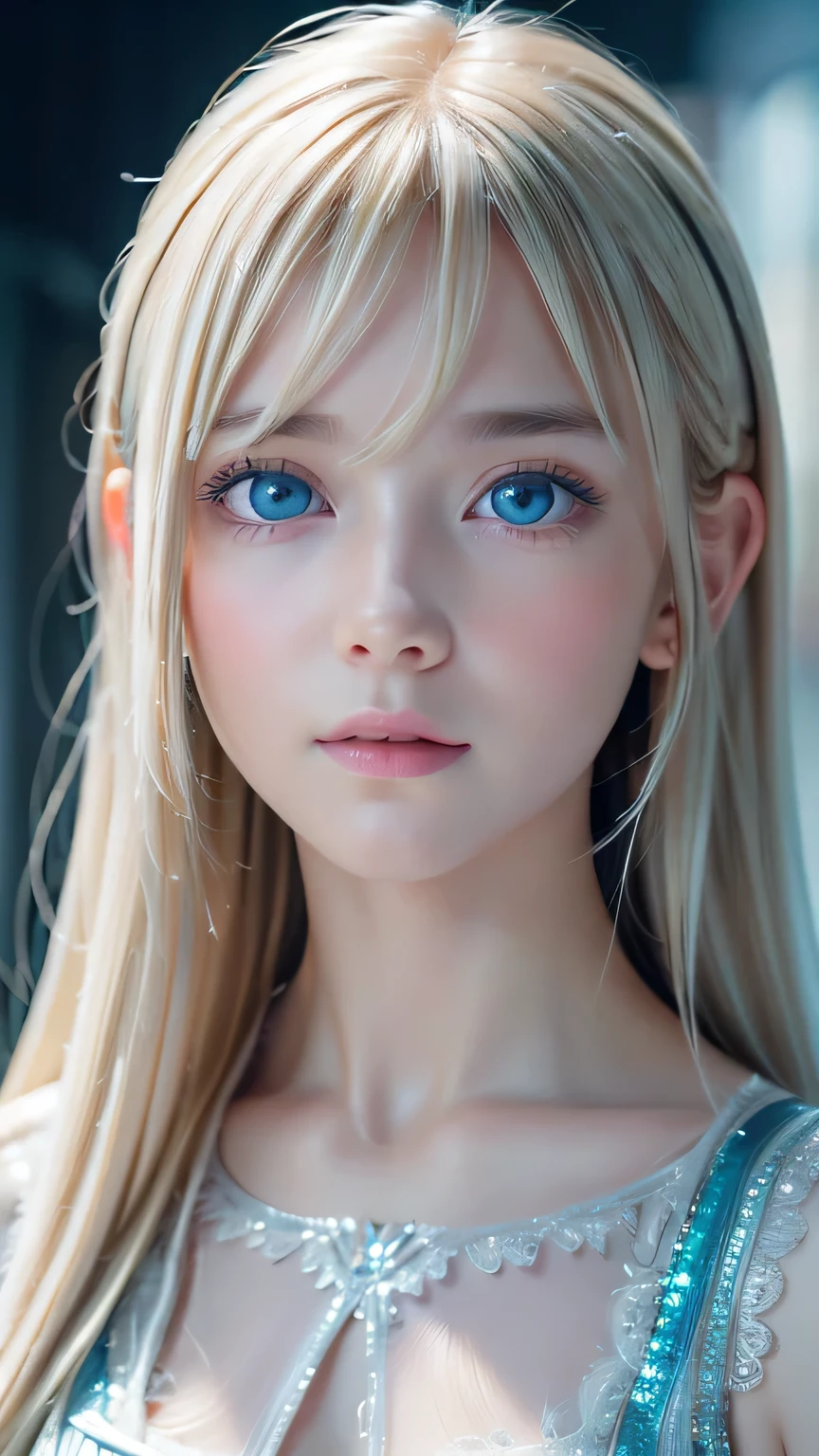 highest quality、8k Masterpiece、Ultra-high resolution、(Realistic:1.3)、RAW Photos、14 year old Scandinavian girl with shiny blonde hair、Silvery blonde hair、Super long straight hair、Bangs between the eyes、Bangs that cover the eyes、片Bangs that cover the eyes、Bangs between the eyes、White and glowing skin、1. Cyberpunk Super Beautiful Soldier、((Ultra-Realistic Details))、Portraiture、Global Illumination、Shadow Realm、Octane Rendering、8k、Ultra Sharp、Metal、Cool colors、、Very intricate detail、Realistic Light、Trends of the CG Association、so beautiful, Big bright blue eyes、Very big eyes、Eyes shining at the camera、Neon Details、Small Face Beauty、Round face、Cheek highlight