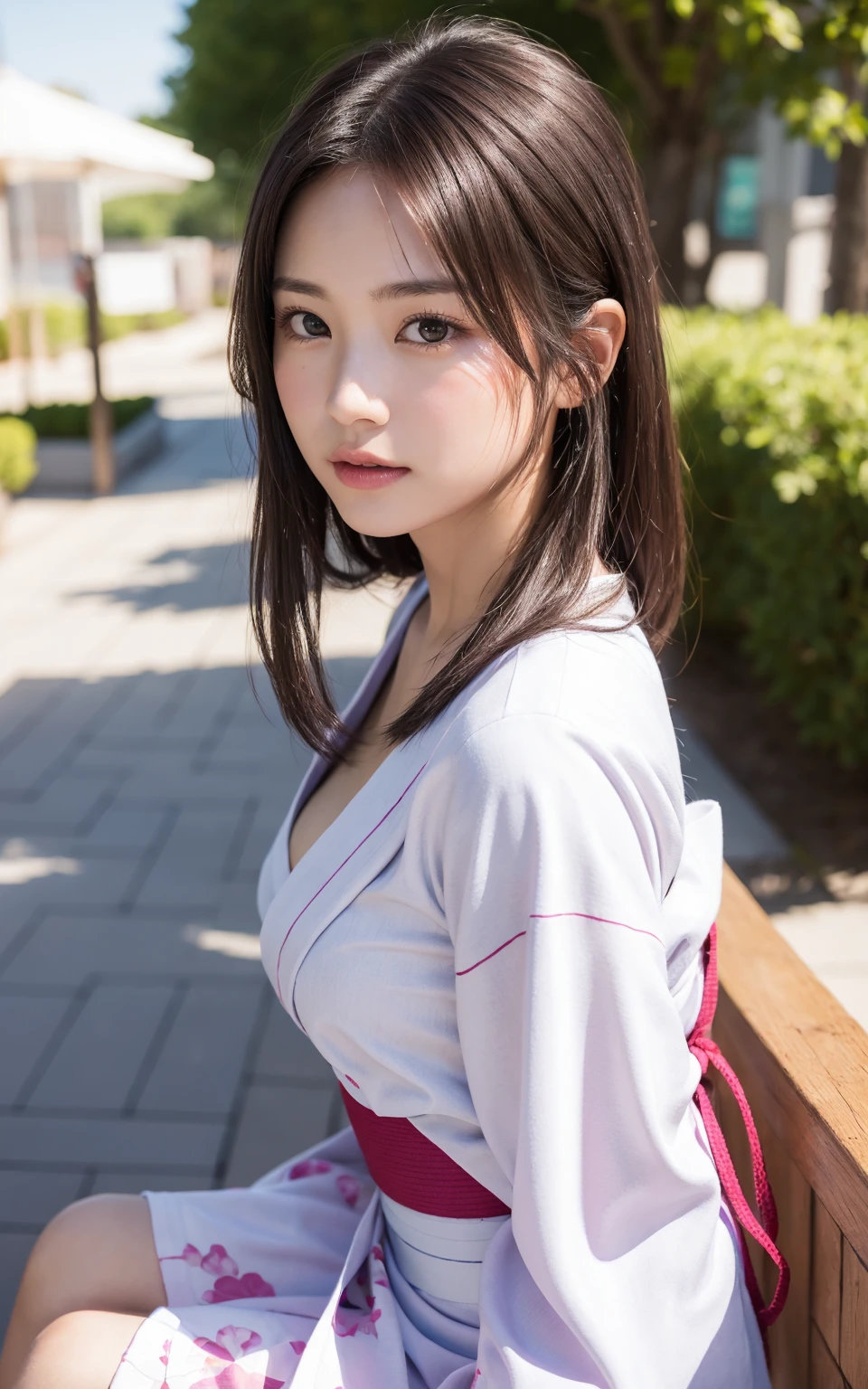 (8k、live-action、Raw photo、highest quality、masterpiece:1.2),(Outdoors),((Perfect lighting)),(濡れたhair),Watching the audience,Sexy pose, cute笑顔,18-year-old,student,White skin,knees,Small Face,前hairを真ん中から分けます、The forehead is visible,skinny,skinny)、masterpiece,highest quality、超A high resolution,one person, solo,Close-up shot、cute、Back to Students,(Pink Yukata:1.3),High school girl,Japanese women,(フォトReal:1.37)、Photon Mapping,Realistic、cuteSmall Face,Brown eyes、prospect、Depth of written boundary、Blurred Background、Real,(前hairが見える), hair, kneesが見える, thigh,(Nogizaka Idol), actress、Natural Breasts、Cleavage、Super fine、Low people、(Skin with visible pores:1.2)、(Focus on the face)、7 heads、Natural neck、Check and correct the skeleton
