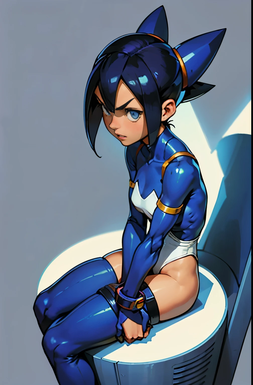girl, small breasts, thin, megaman, sit on a rocket, gets scared, megaman x, embarrassed, shy, hot, soft or colored lips, simple background, perfect hands, perfect anatomy, leans forward, forced perspective,