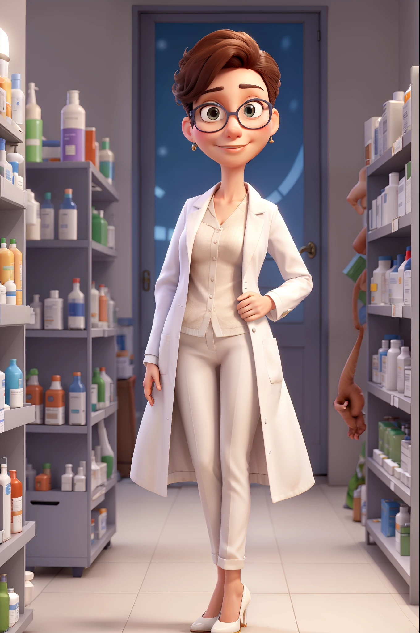 PHARMACIST IN WHITE COAT, standing in high heels ,POINTING WITH HANDS TO THE SIDE, with arms crossed ,ESTILO PIXAR DISNEY 3D