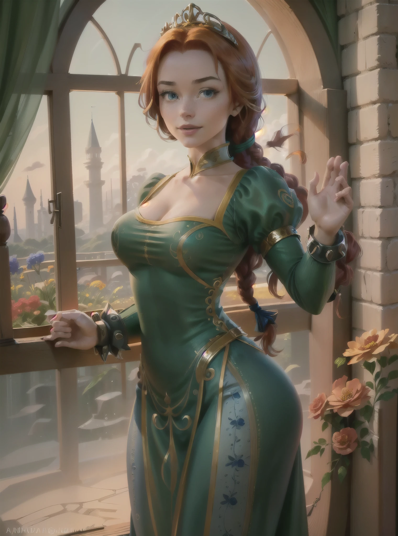 (FionaWaifu:1), 1girl, cute, cute pose, (long hair, tiara, red hair, braid, blue eyes, freckles, makeup), (green dress:1), curvy, looking at viewer, smile, :D, breast focus, leaning forward,
(detailed ladscape, castle, kingdom, big window, sky, flowers:1.2), (background:1), (dynamic_angle:1.2), (dynamic_pose:1.2), (rule of third_composition:1.3), (dynamic_perspective:1.2), (dynamic_Line_of_action:1.2), solo, wide shot,
(masterpiece:1.2), (best quality, highest quality), (ultra detailed), (8k, 4k, intricate), (full-body-shot:1), (Cowboy-shot:1.2), (50mm), (highly detailed:1.2),(detailed face:1.2), detailed_eyes,(gradients),(ambient light:1.3),(cinematic composition:1.3),(HDR:1),Accent Lighting,extremely detailed,original, highres,(perfect_anatomy:1.2), 
