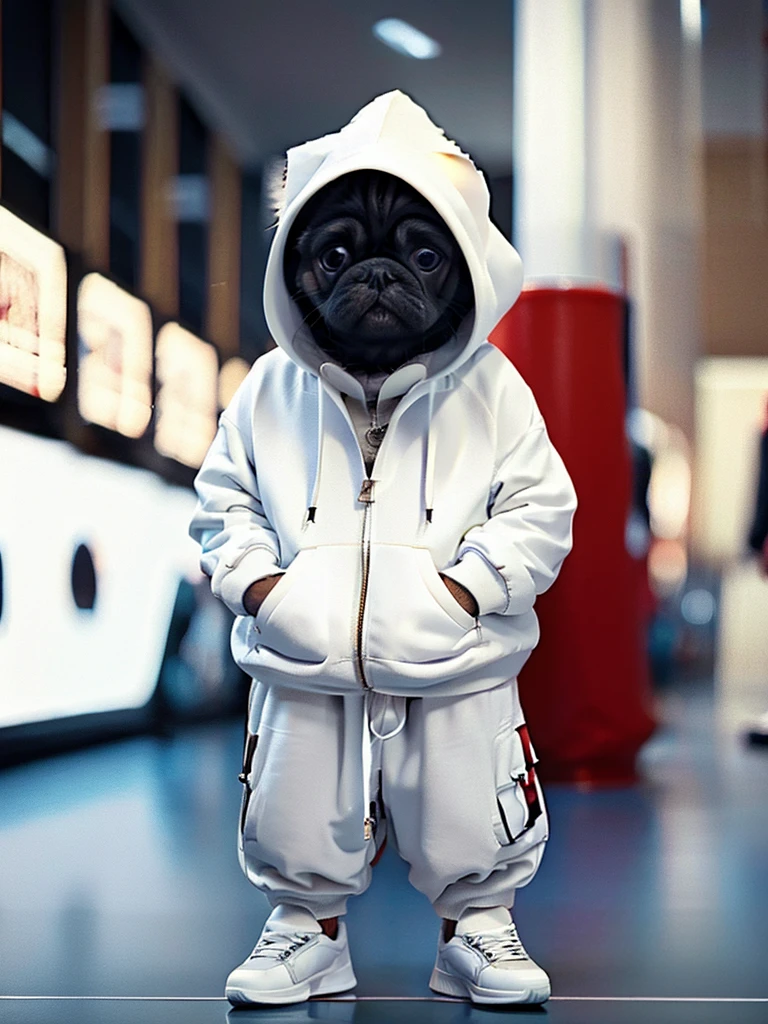 masterpiece, highest quality, Cute Pug Dog, Wearing a casual hooded suit, White sneakers, Cool expression, Cute digital illustration art,