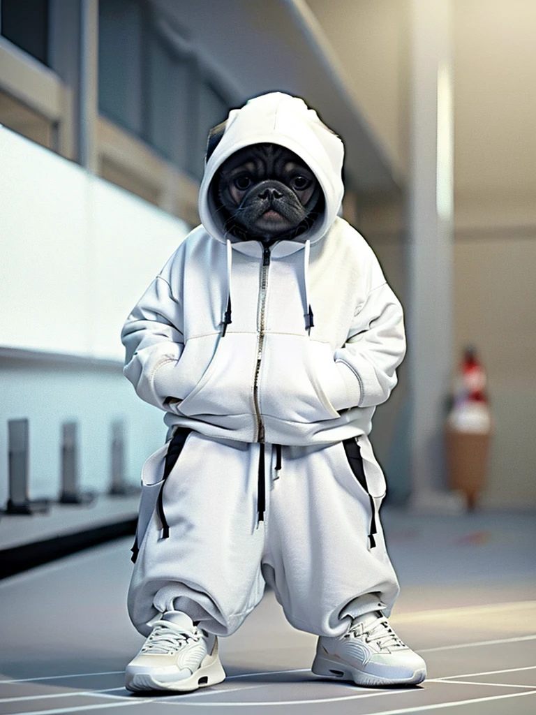 masterpiece, highest quality, Cute Pug Dog, Wearing a casual hooded suit, White sneakers, Cool expression, Cute digital illustration art,