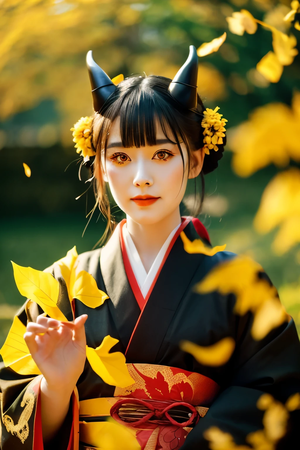 Wearing a kimono, with yellow eyes and horns, a bewitching, black and red, yellow leaves fluttering about　Floating in the middle、Holding out a hand