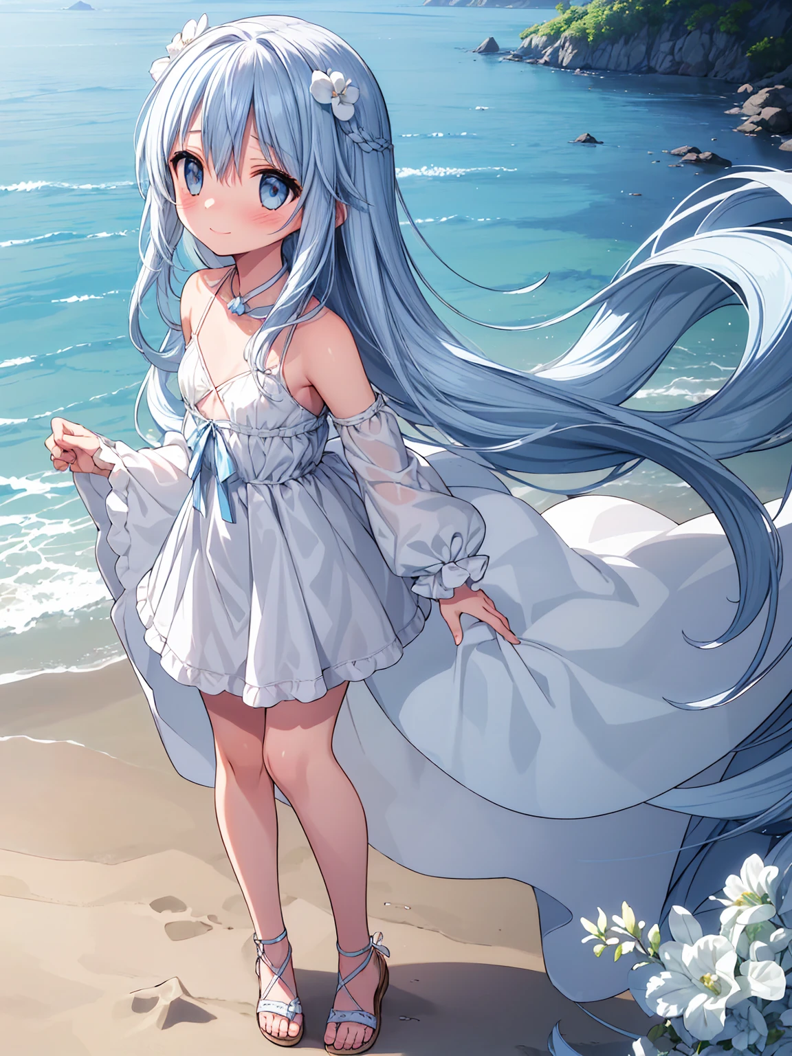 masterpiece, best quality, extremely detailed, (illustration, official art:1.1), 1 girl ,(((( light blue long hair)))), ,(((( light blue long hair)))),light blue hair, ,, long hair ((blush)) , cute face, big eyes, masterpiece, best quality,(((((a very delicate and beautiful girl))))),Amazing,beautiful detailed eyes,blunt bangs((((little delicate girl)))),tareme(true beautiful:1.2), sense of depth,dynamic angle,,,, affectionate smile, (true beautiful:1.2),,(tiny 1girl model:1.2),)(flat chest)),masterpiece,best quality, masterpiece, highres, best qualtiy,tmasterpiece,Ultra-high resolution,(Reality:1.4),RAW photogr,warm lights,The sea and the beach,1girl,Walking on the beach,White color blouse,Short skirt,sandals,the setting sun,footprints,(slim,dignified,shyexpression),Beautiful teenage girlutiful goddess,Detailed scenes, Beautiful digital illustration, the detail,Hyper-detailed, Cinematic quality, , full body ,toes, footprints, footprints in the sand ,
