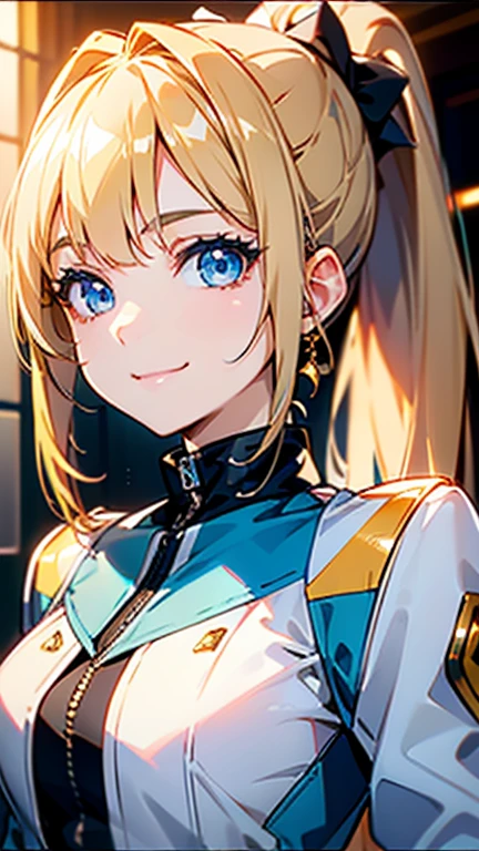 Best quality , masterpiece, Portrait、、Bright expression、ponytail、Young, shiny, white, glossy skin、Gloss Face、Shining Cheek Gloss、Small Face Beauty、The best beauty、The dazzling light of blonde hair、Bright blonde hair with dazzling highlights、Very beautiful shiny light blonde hair、super long silky straight hair、Her shiny, beautiful bangs are covering her eyes.、Sparkling, clear, attractive, bright, large, pale blue eyes、Very big eyes、eyeliner、very beautiful lovely cute 16 year old girl、young girl, Ample Bust, upper body , (smile:1.2) , ((((rider jacket , ponytail ))))