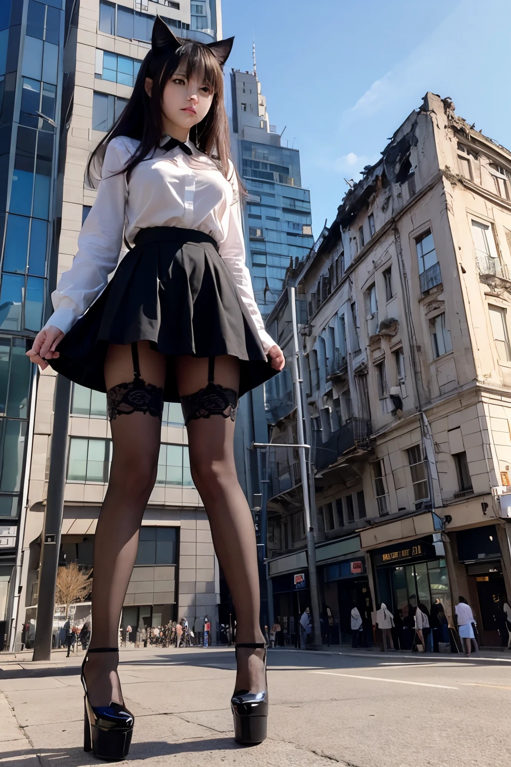 gts, giantess, cat ears, slightly frowning face, looking down, sky, transparent white shirt, black skirt, Black lace tights,block out sunlight, high heel, Stomping, interruption, the building collapsed
