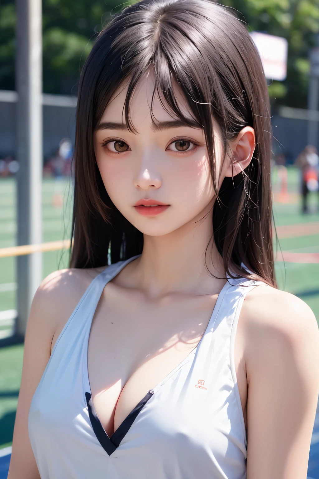 (1 nogizaka girl,raw photo,photo realistic:1.5),(best quality, high quality,HDR, highest quality,ultra high resolution,high resolution,high res,ultra high difinition,huge file size,8K,2K wallpaper,8K wallpaper,high quality texture,amazing,an extremely delicate:1.4),one girl, Japanese famous idol,beautiful face,small face,absurd,ridiculous,incredibly ridiculous,portrait,breasts close up,blurry background,(track and field uniform,cleavage,no makeup:1.2),medium skin,beautiful skin,detailed skin,small head,black hair,silky hair,(Japanese eyes:1.3),detailed eyes,black eyes,Japanese idol eyes,perfectly propotioned face,Japanese nose,5-fingers,(Light Particles, Lens Flare, Luminous Particles: 0.7),looking at viewer,bright lighting,professional lighting,girl
