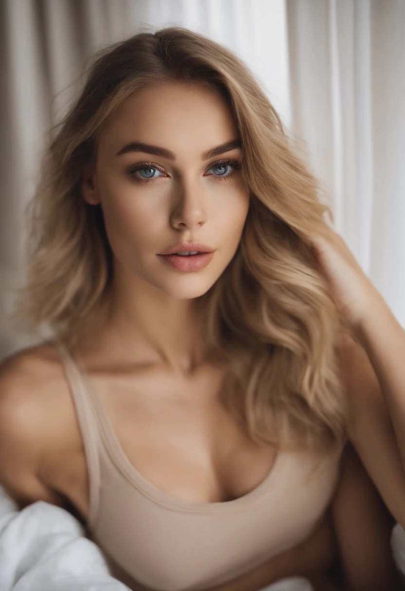 woman with matching tank top and panties, fille sexy aux yeux bleus, Portrait de Sophie Mudd, Portrait de Corinna Kopf, cheveux blonds et grands yeux, selfie d'une jeune femme, ohne Maquillage, maquillage naturel, Regardez directement dans la caméra, Visage avec Artgram, maquillage subtil, Superbe photo du corps entier, dans la chambre, gros seins, blond