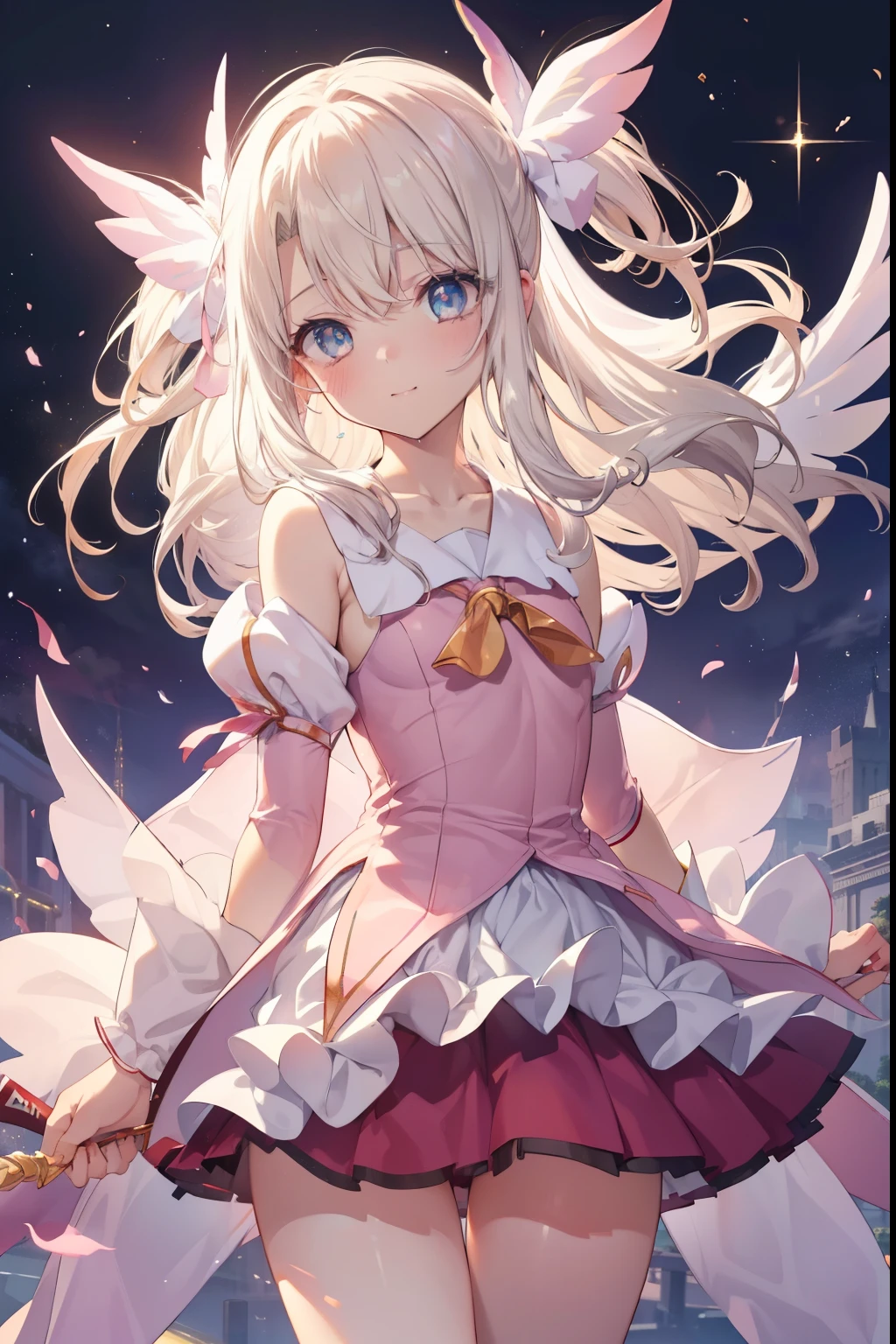 Illyasviel von Einzbern、blush,smile、Magical girl、Magical girl衣装を着ている、Primary school students、The back is very small、Lolita、Small breasts、exterior: 14 years old、Shoulder Bare、The clavicle is visible、Sexy thighs、Beautiful feet、Usual hairstyle、highest quality, High resolution, unity 8k wallpaper, (shape:0.8), (Beautiful and beautiful eyes:1.6), Highly detailed face, Perfect lighting, Extremely detailed CG, (Perfect hands, Perfect Anatomy),