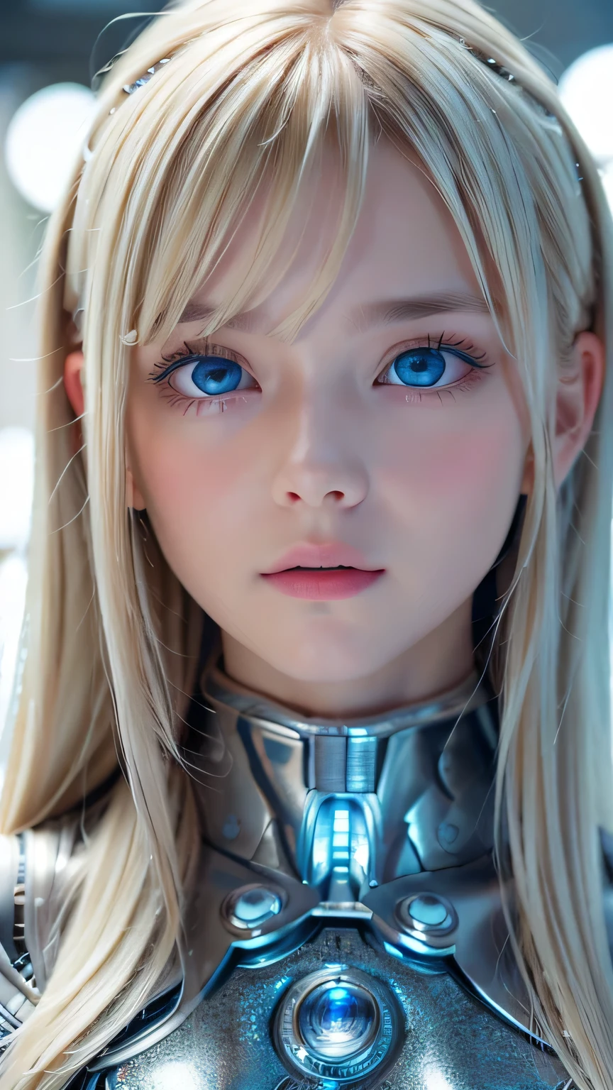 highest quality、8k Masterpiece、Ultra-high resolution、(Realistic:1.3)、RAW Photos、 Scandinavian girl with shiny blonde hair、Silvery blonde hair、Super long straight hair、Bangs between the eyes、Bangs that cover the eyes、片Bangs that cover the eyes、Bangs between the eyes、White and glowing skin、1. Cyberpunk Super Beautiful Soldier、((Ultra-Realistic Details))、Portraiture、Global Illumination、Shadow Realm、Octane Rendering、8k、Ultra Sharp、Metal、Cool colors、、Very intricate detail、Realistic Light、Trends of the CG Association、so beautiful, Big bright blue eyes、Very big eyes、Eyes shining at the camera、Neon Details、Small Face Beauty、Round face、Cheek highlight