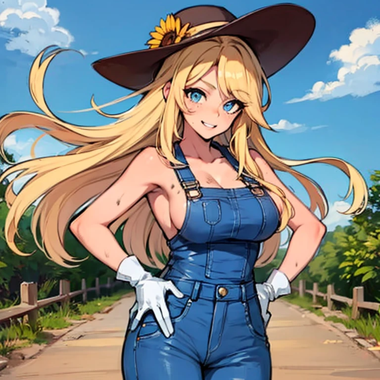 (8k, Masterpiece, Hyper Extreme Detailed:1.2), Solo, Best Quality, Solo, Adult, Cowboy Shot, Perfect Anatomy, 1 Girl, Perfect Face, Expressive Eyes, Perfect Eyes, Half Body, Dirty Blonde Hair, Swept Bangs , Cool, confident, friendly, big bust, fun, determined, Carefree, adventurous, long hair, farm, sunflowers, dirt road, blue sky, clouds, beatiful , dirty, golden eyes, gloves, eccentric, strange, quirky, unique, carefree, original, disheveled hair, wind, windy, moving hair, moving clothes, tangled hair, dirty, happy, naked only in overalls, dynamic pose, friendly, slight smile, left hand in the hat, right hand on hip, freckles, flowing hair, farmer, freckles, dirty face, dirty clothes, white gloves, smiling, half body, torn clothes,