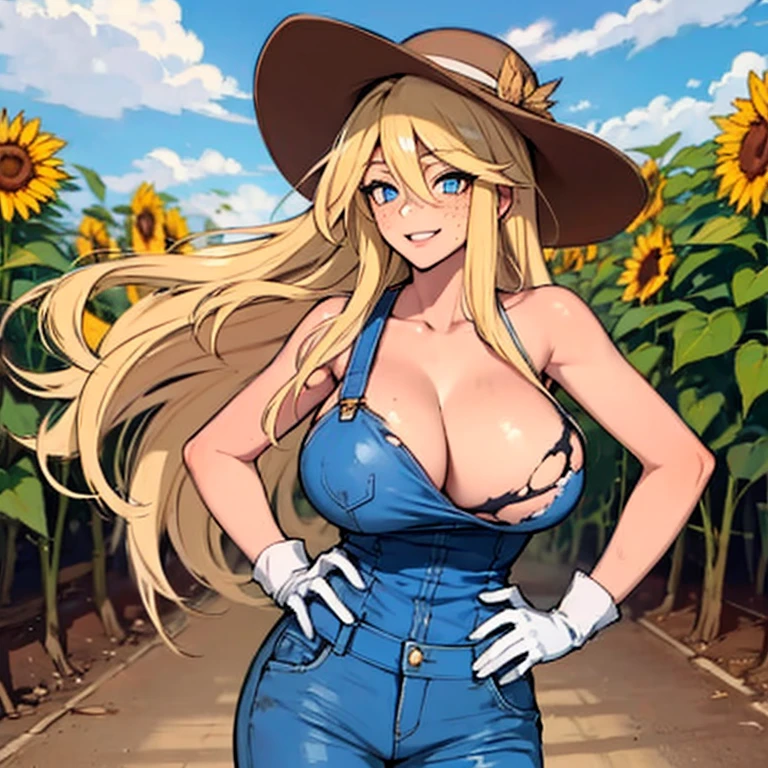 (8k, Masterpiece, Hyper Extreme Detailed:1.2), Solo, Best Quality, Solo, Adult, Cowboy Shot, Perfect Anatomy, 1 Girl, Perfect Face, Expressive Eyes, Perfect Eyes, Half Body, Dirty Blonde Hair, Swept Bangs , Cool, confident, friendly, big bust, fun, determined, Carefree, adventurous, long hair, farm, sunflowers, dirt road, blue sky, clouds, beatiful , dirty, golden eyes, gloves, eccentric, strange, quirky, unique, carefree, original, disheveled hair, wind, windy, moving hair, moving clothes, tangled hair, dirty, happy, naked only in overalls, dynamic pose, friendly, slight smile, left hand in the hat, right hand on hip, freckles, flowing hair, farmer, freckles, dirty face, dirty clothes, white gloves, smiling, half body, torn clothes,