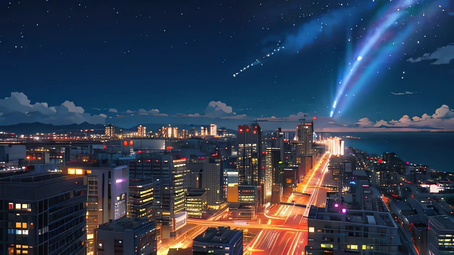 （masterpiece）,（highest quality）、Starry Sky、Urban buildings、Night view、4K、8K、shinkai makoto