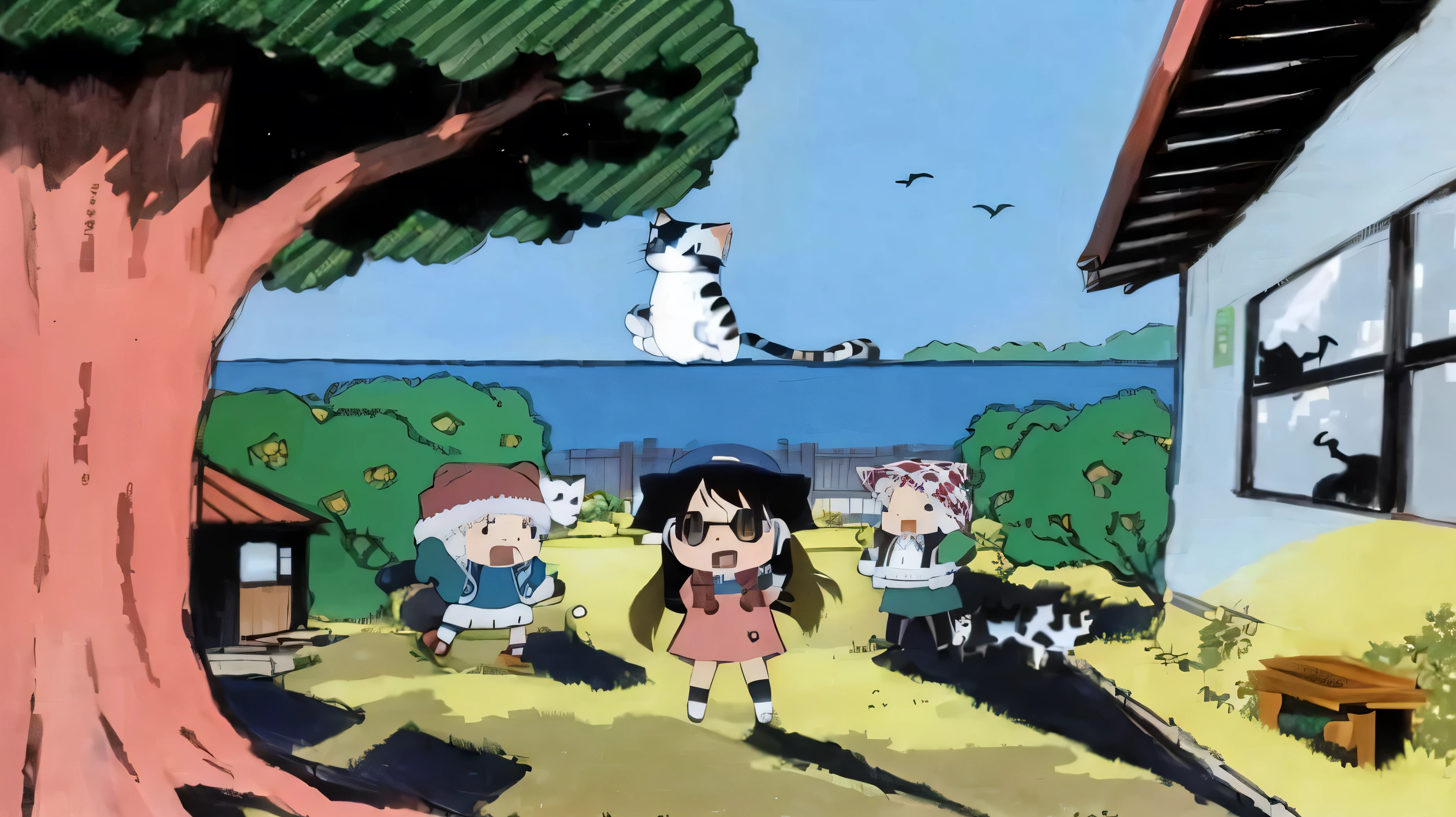 People standing around a tree in the garden々Group cartoons,Cat Boys,Girl in knitted hat,Spectacled cat, tatsuro kiuchi, Japanese manga style, by Hiroshi Honda, by Kume Keiichiro, There is a long and beautiful work, by Tsubasa Nakai, by Naka Bokunen, JoJolion cover art style, by Yanagawa Nobusada, nichijou, night, evening