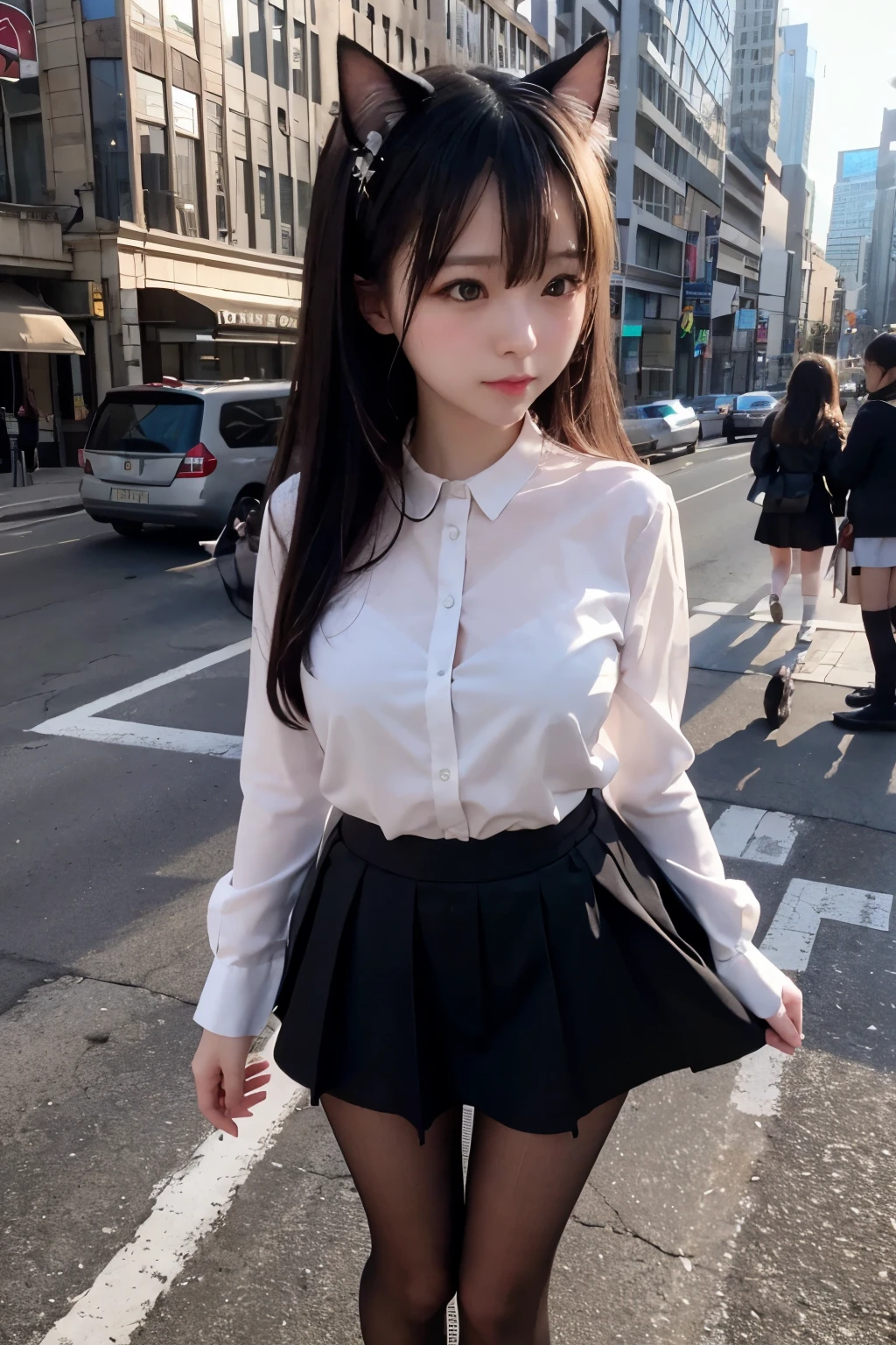 gts, giantess, cat ears, slightly frowning face, looking down, sky, transparent white shirt, black skirt, Black lace tights，block out sunlight, high heel, Stomping, interruption, the building collapsed