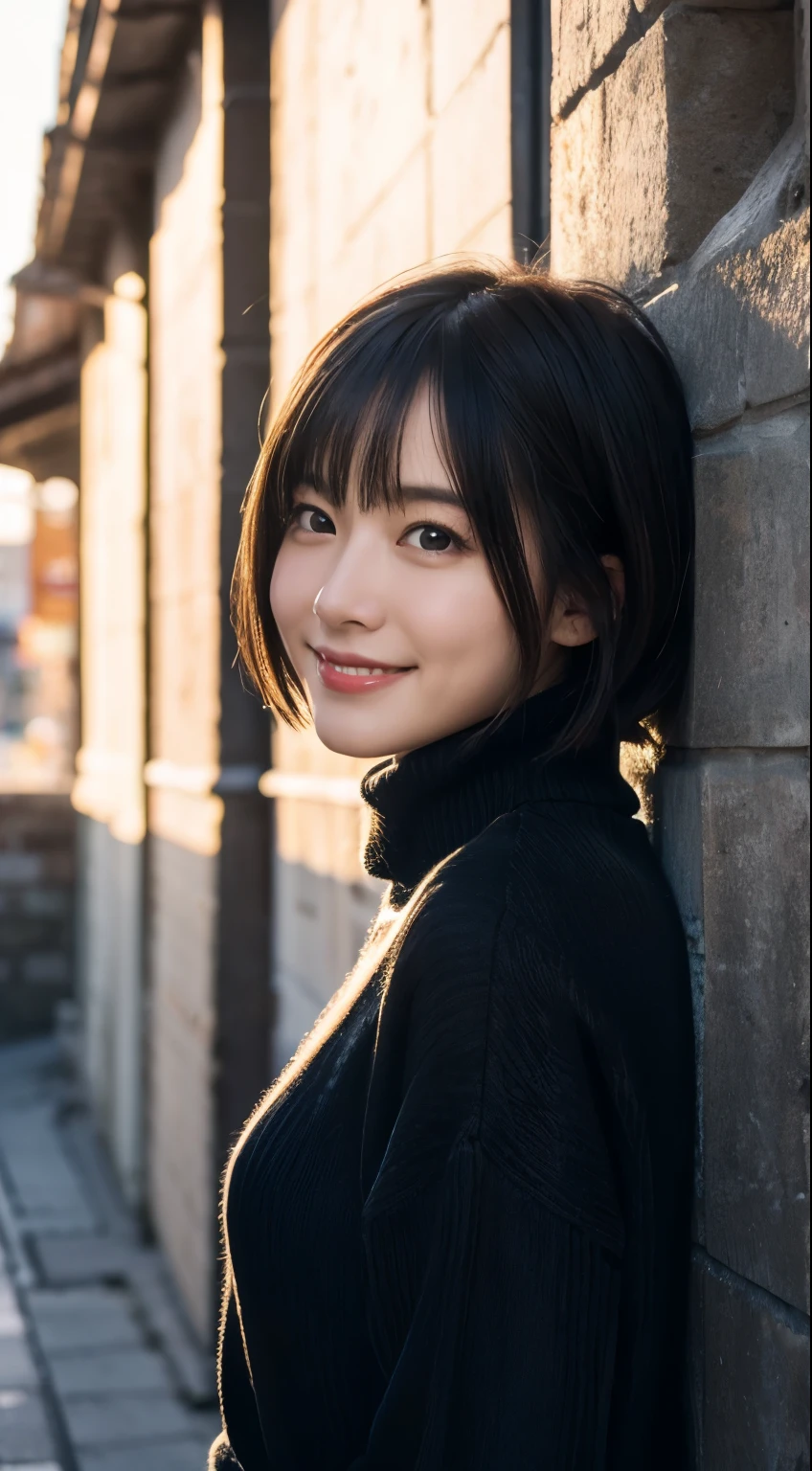 (highest quality,masterpiece:1.3,Ultra-high resolution),(Very detailed,Caustics,8k),(Realistic:1.4,RAW shooting),At dusk,Warm Light,vivid,street,24-years-old,cute,Japanese,Black short hair,The best smile,big ,down coat,Turtleneck sweater,Long skirt,Low position,Low Angle,Natural light