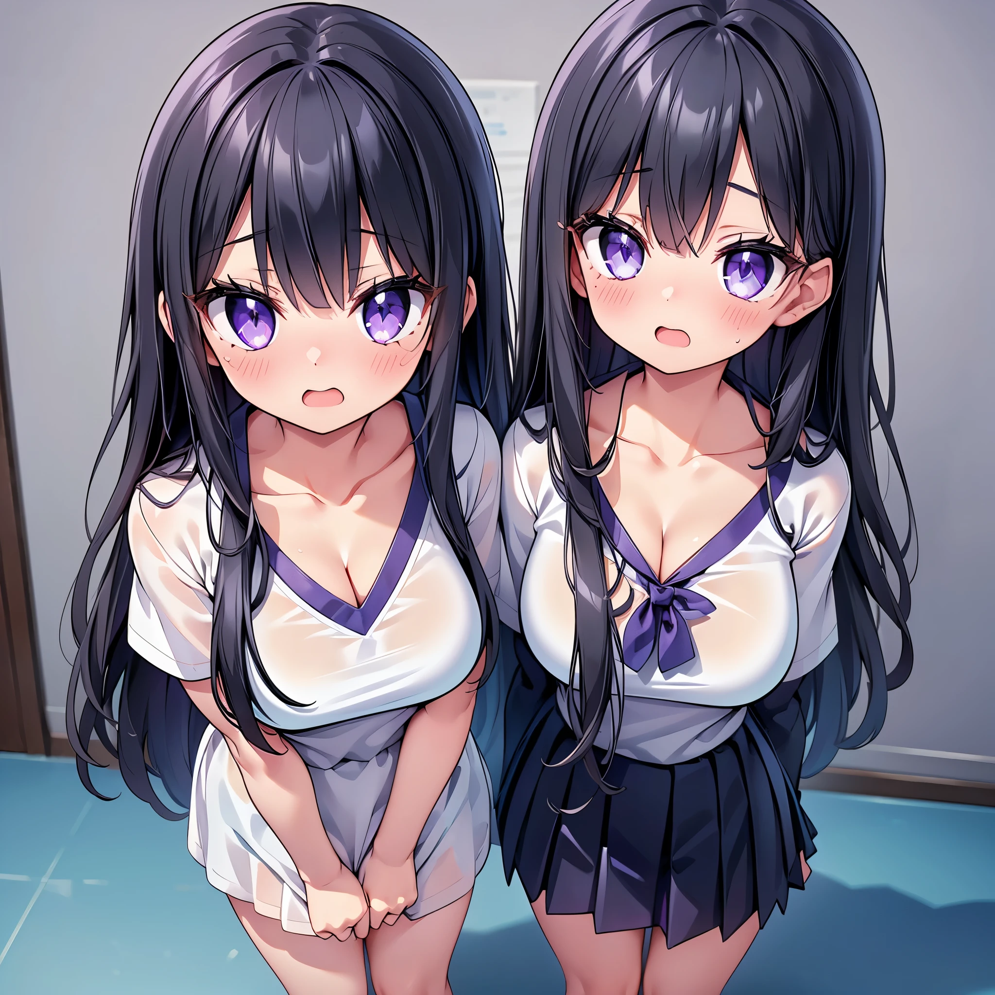 (cute eyes:1.2), (sparkling eyes:1.2), (8K、Best image quality、highest quality、masterpiece)、Detailed face、(2 girls)、Improve、(Black Hair, Purple Eyes, long hair)、(open mouth), (embarrassed), (skinny body:1.1),(medium breasts), (white shirt:1.3), (leaning forward), (clothes shirt), (cleavage), Classroom Background,(from above:1.2)