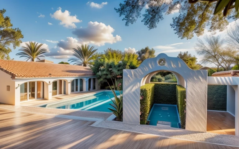 1 Mediterranean style house with yin and yang tile roof:1.1, Many beautiful, romantic red flowers, Townhouse made from white walls, beautiful light, beautiful day, beautiful sunshine, lovely youthful feeling:1.2, It's sunny at 12 noon, the shadows are very beautiful, there is a swimming pool