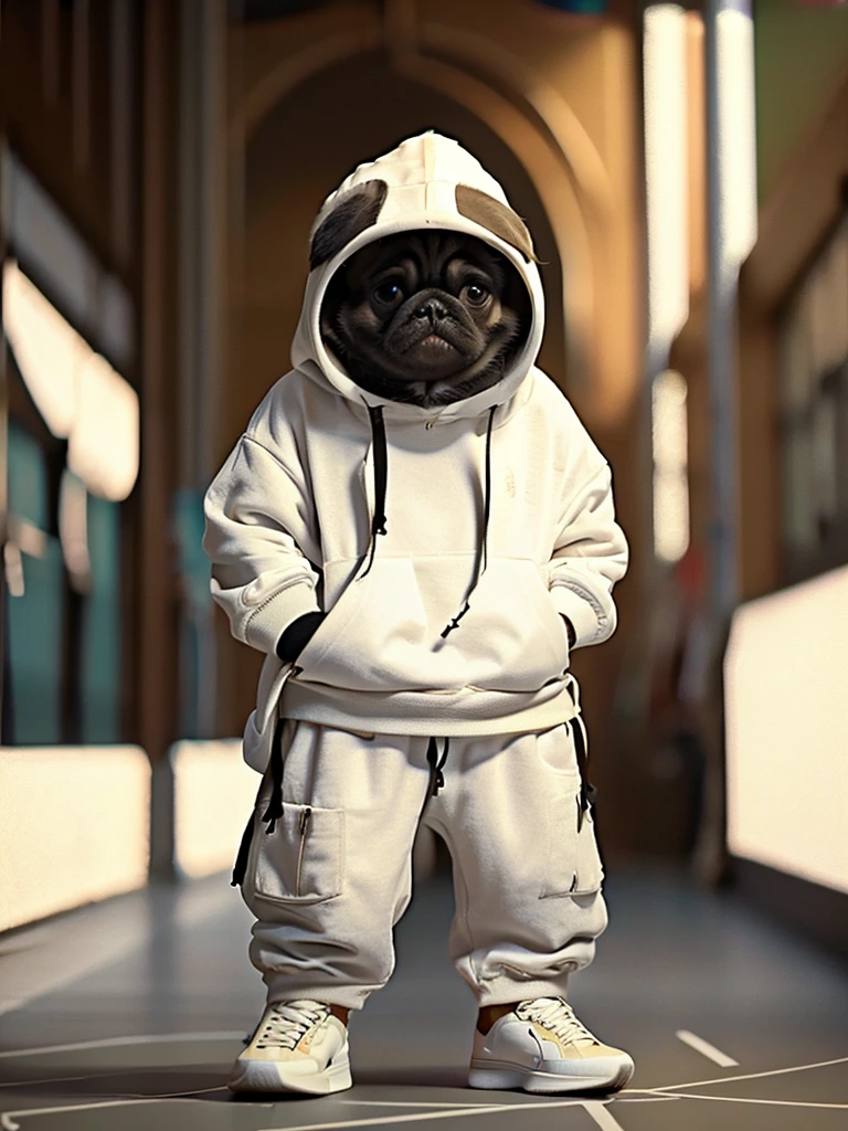 masterpiece, highest quality, Cute Pug Dog:Fawn color, Wearing a casual hooded suit, White sneakers, Cool expression, Cute digital illustration art,