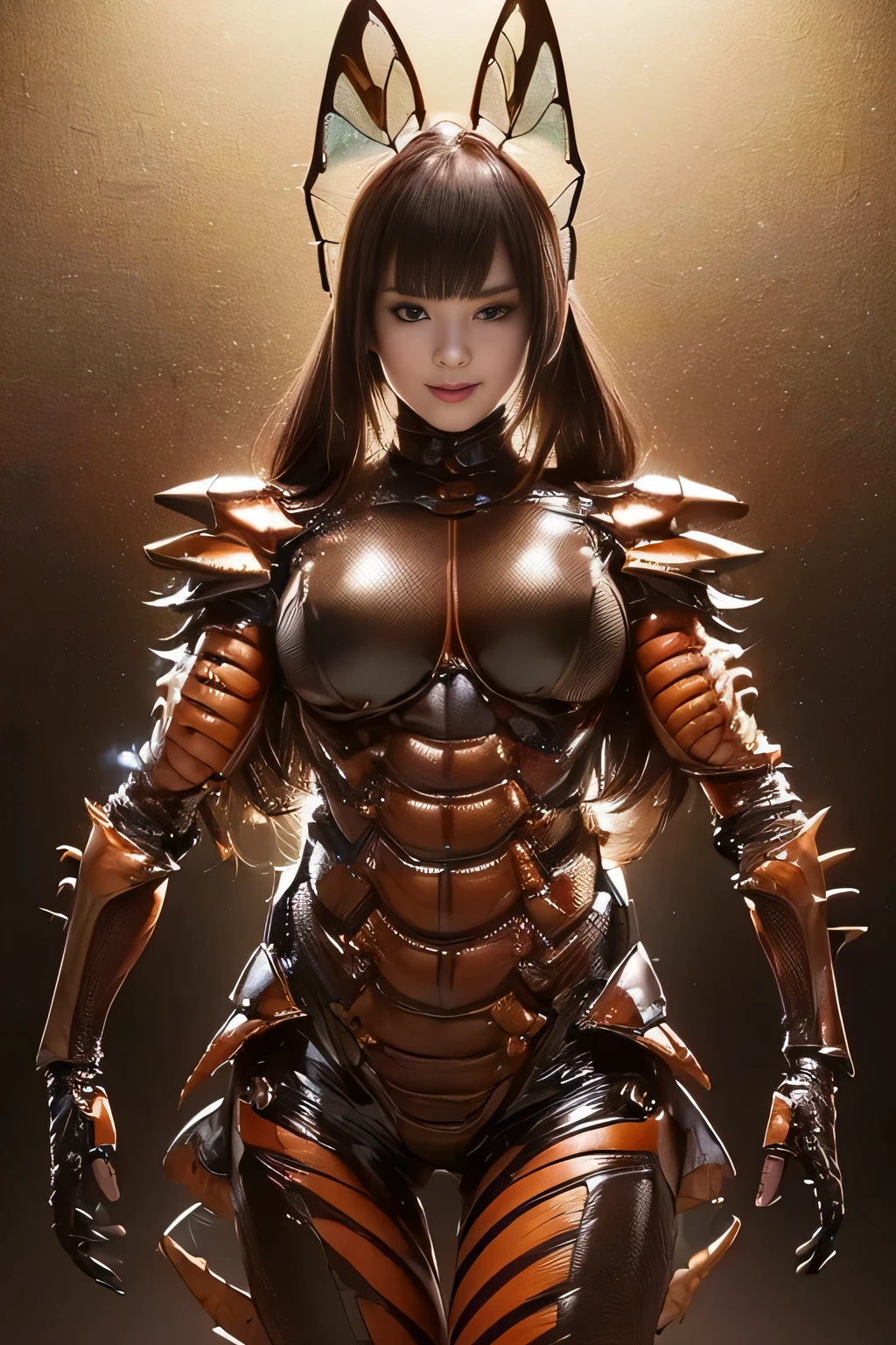 (high resolution,masterpiece,best quality,extremely detailed CG, anime, official art:1.4), realistic, photo, amazing fine details, all intricate, gloss and shiny,awesome many layers, 8k wall paper, 3d, sketch, kawaii, illustration,( solo:1.4), perfect female proportion,villainess, (fusion of dark brown cockroach and lady:1.4), (brown cockroach form lady:1.2), (brown cockroach lady:1.2), (fusion:1.2), (solo:1.4), (evil smile:1.2), muscular, abs, (cockroach brown exoskeleton bio insect suit:1.4), (cockroach brown exoskeleton bio insect armor:1.2), (brown transparency cockroach wing:1.4), (brown cockroach antennae:1.3),