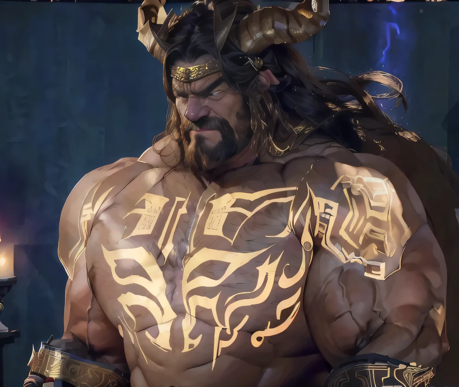 Big, burly Chinese man,Long golden brown hair,He has horns,mythological figure,A burly middle-aged man,He has extremely huge, strong ,large pecs,His muscles are extremely full and firm,His muscles are engraved with golden runes,Stone shackles were placed on his forearms,Iron Fist 7,His expression was angry and serious