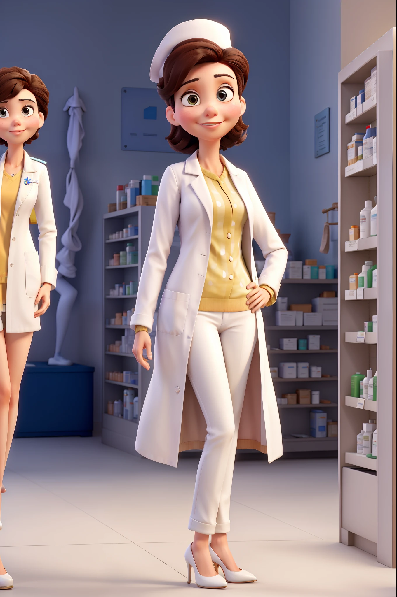 PHARMACIST IN WHITE COAT, standing in high heels ,POINTING WITH HANDS TO THE SIDE, with arms crossed ,ESTILO PIXAR DISNEY 3D