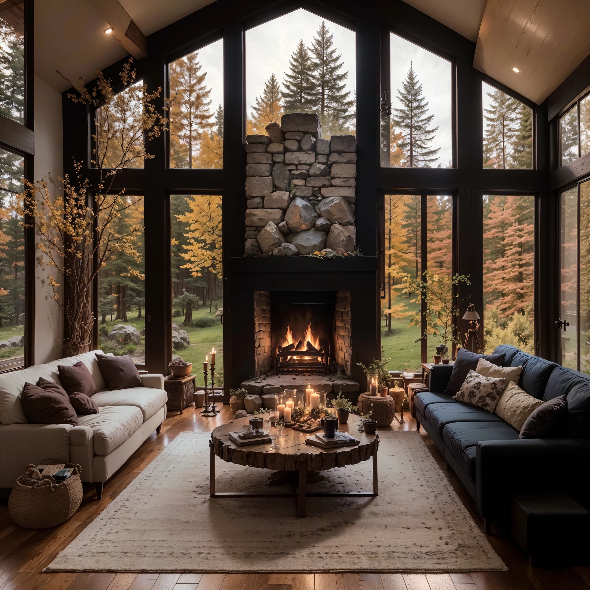 THIS EVENING WOODEN CABIN LIVING ROOM ANIME BACKGROUND, (COZY ATMOSPHERE), (SUBTLE LIGHTING), BRIGHT STONE FIREPLACE FIRE, LIONSKIN RUG THIS EVENING BEST QUALITY, TRANSPARENT GLASS WINDOWS