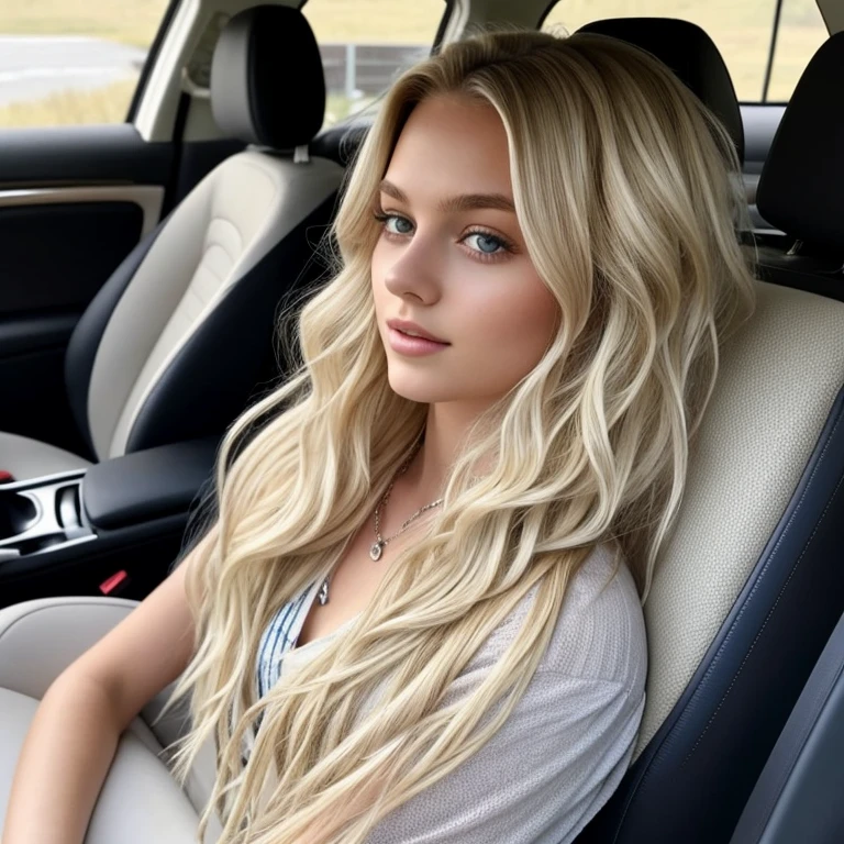 1 fille, 19 ans, dans une belle voiture , cheveux longs, Colossal , regarder le spectateur, wavy blonde hair , bijoux, tout le corps, (fond d&#39;extremely detailed 8K display), Soft lighting, high quality, Grain du film, Mise au point nette du Fujifilm XT3, f5.6, high detail, sharpness,(natural light), (fermer:1.2), (attractive), Tight t-shirt, Realistic, Un sexy,