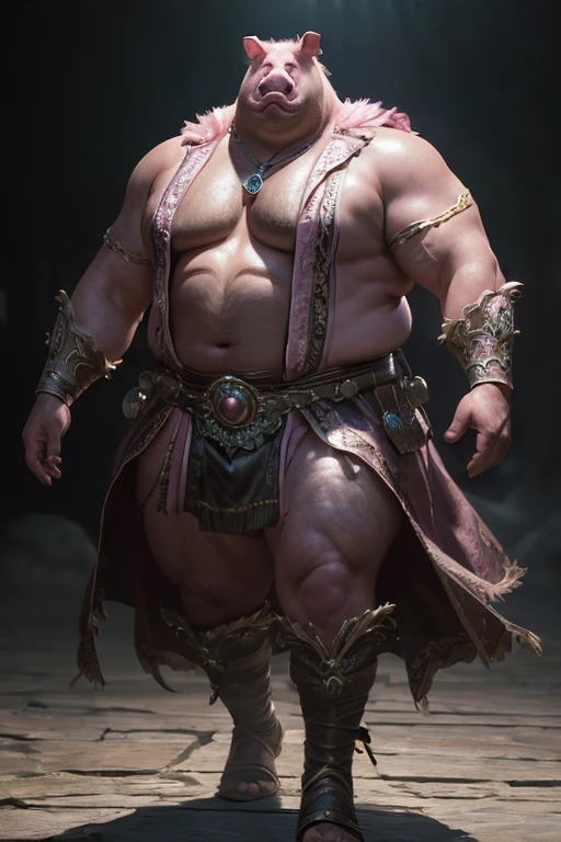(master piece:1.5), (best quality:1.5), (exquisite lighting and shadow, highly dramatic picture, cinematic lens effect) (Photorealistic picture) highly detailed, realistic, cinematic lighting, studio quality, 8k, wallpaper, dynamic pose, anatomy correct, epic fantasy digital art, Epic composition, full body pink skin big fat one eyed pig man