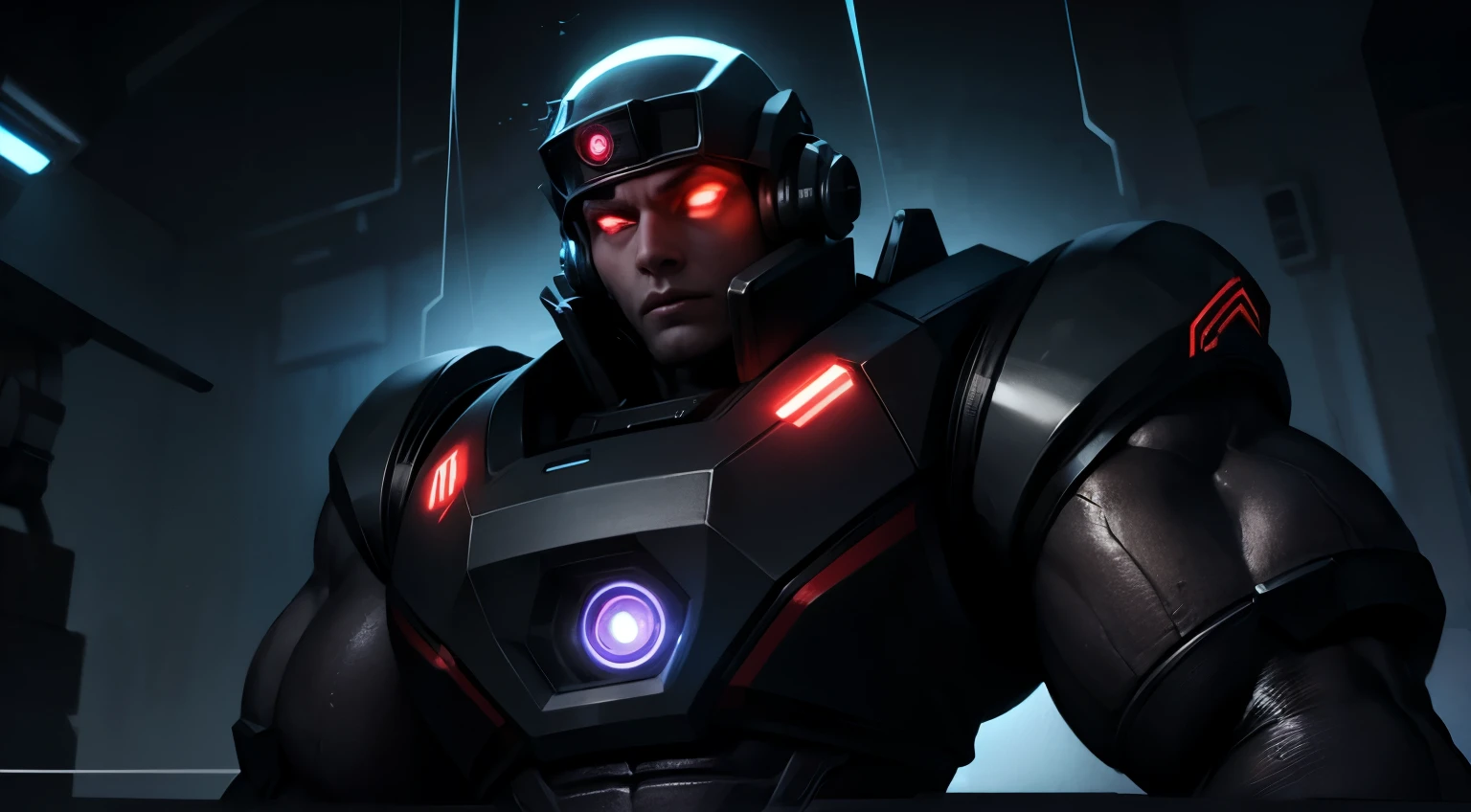 brainwashing, muscle drone, muscle growth, hypnotic visor, glowing headset, soldier, focused eye, obedience training, male