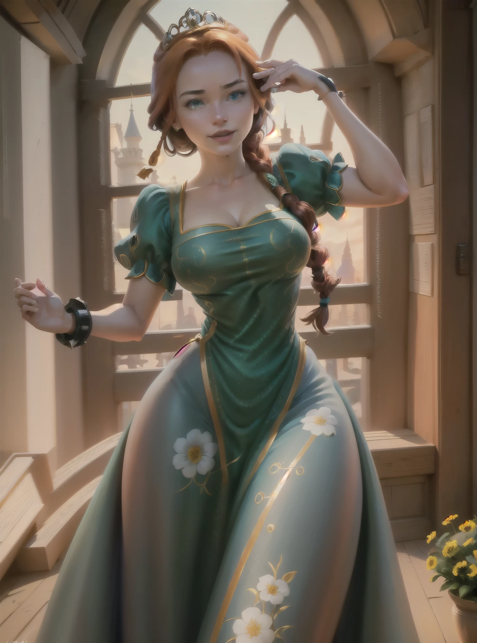 (FionaWaifu:1), 1girl, cute, cute pose, (long hair, tiara, red hair, braid, blue eyes, freckles, makeup), (green dress:1), curvy, looking at viewer, smile, :D, breast focus, leaning forward,
(detailed ladscape, castle, kingdom, big window, sky, flowers:1.2), (background:1), (dynamic_angle:1.2), (dynamic_pose:1.2), (rule of third_composition:1.3), (dynamic_perspective:1.2), (dynamic_Line_of_action:1.2), solo, wide shot,
(masterpiece:1.2), (best quality, highest quality), (ultra detailed), (8k, 4k, intricate), (full-body-shot:1), (Cowboy-shot:1.2), (50mm), (highly detailed:1.2),(detailed face:1.2), detailed_eyes,(gradients),(ambient light:1.3),(cinematic composition:1.3),(HDR:1),Accent Lighting,extremely detailed,original, highres,(perfect_anatomy:1.2), 
