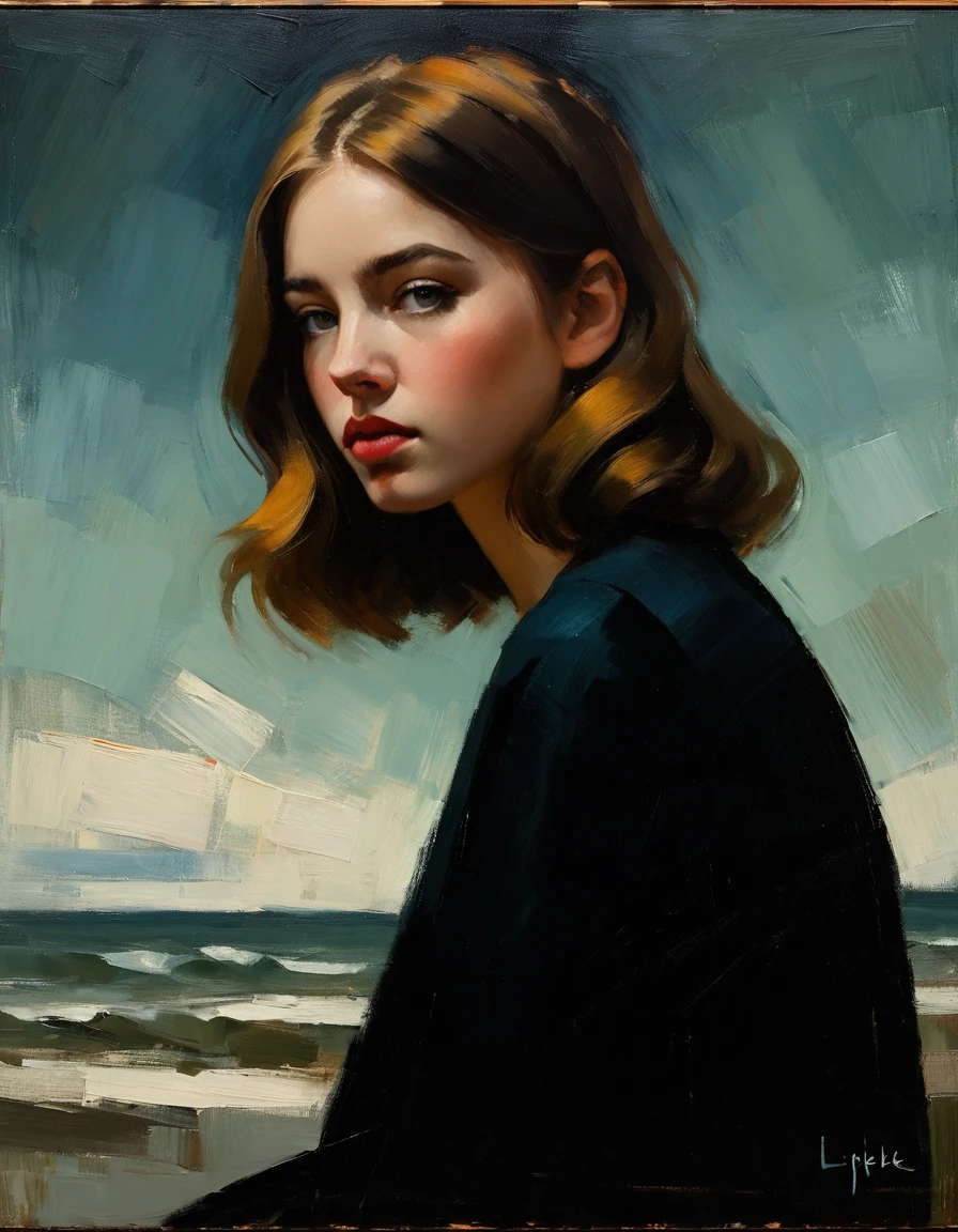 Create an evocative oil painting inspired by Malcolm Liepke, based on the provided image. Capture the intense, introspective expression of the young subject using thick, Incorporate earthy tones, deep blues, and warm browns to create a harmonious and inviting composition. Highlight the emotional depth and vulnerability in the subject's gaze, emphasizing the play of light and shadow on their face. Maintain a simple, textured background that complements the subject's contemplative presence. Focus on the tactile quality of the oil paint to convey the raw emotion and intimacy characteristic of Liepke's style.