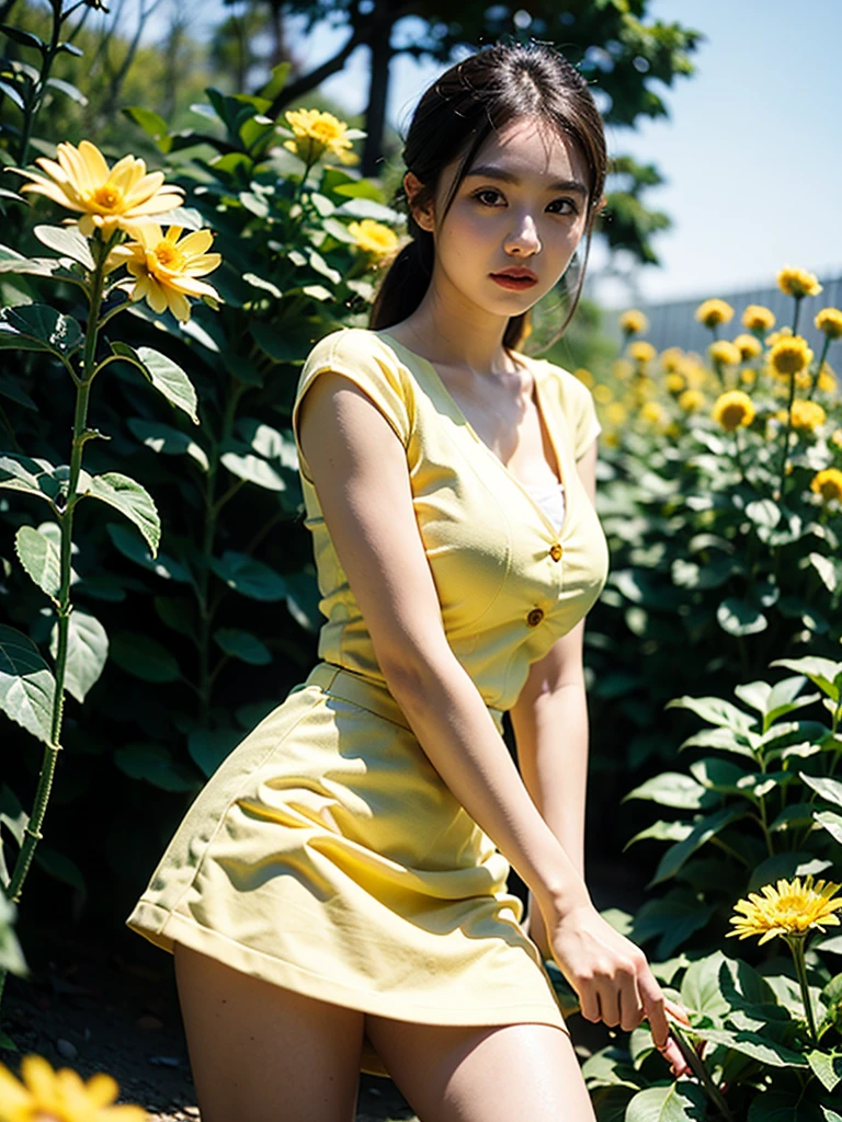 (Best Quality, Masterpiece: 1.2), Portrait, Big , Outdoor, 25-Year-Old Woman in the Garden: 2, White Miniskirt, (Pale Yellow Flower Confusion in the Background: 1.3) Same character, different costume, different angle, backlight: 1.5, rich skin detail: 1.5,