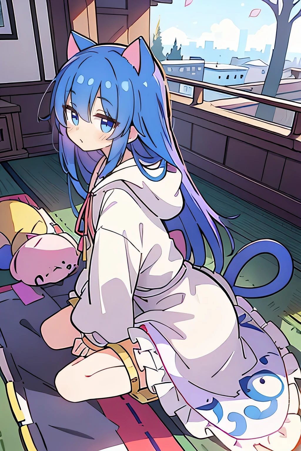 (masterpiece:1.2),Super detailed,lifelike,Expressive eyes,fair skin,perfect face shape,1 girl,
Japanese comics,Gorgeous blue hair,flowing blue hair,flowing clothes,Cat ears,Petals fall,beautiful lola,Baby Angel,sunrise,
Cross your legs,Gentle and peaceful background,The pavilion is cool and comfortable,smile, wearing hoodie, background of tokyo,back views,snowing, winter.