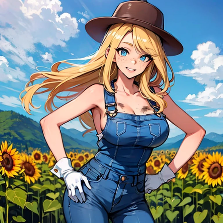 (8k, Masterpiece, Hyper Extreme Detailed:1.2), Solo, Best Quality, Solo, Adult, Cowboy Shot, Perfect Anatomy, 1 Girl, Perfect Face, Expressive Eyes, Perfect Eyes, Half Body, Dirty Blonde Hair, Swept Bangs , Cool, confident, friendly, big bust, fun, determined, Carefree, adventurous, long hair, farm, sunflowers, dirt road, blue sky, clouds, beatiful , dirty, golden eyes, gloves, eccentric, strange, quirky, unique, carefree, original, disheveled hair, wind, windy, moving hair, moving clothes, tangled hair, dirty, happy, naked only in overalls, dynamic pose, friendly, slight smile, left hand in the hat, right hand on hip, freckles, flowing hair, farmer, freckles, dirty face, dirty clothes, white gloves, smiling, half body, torn clothes,