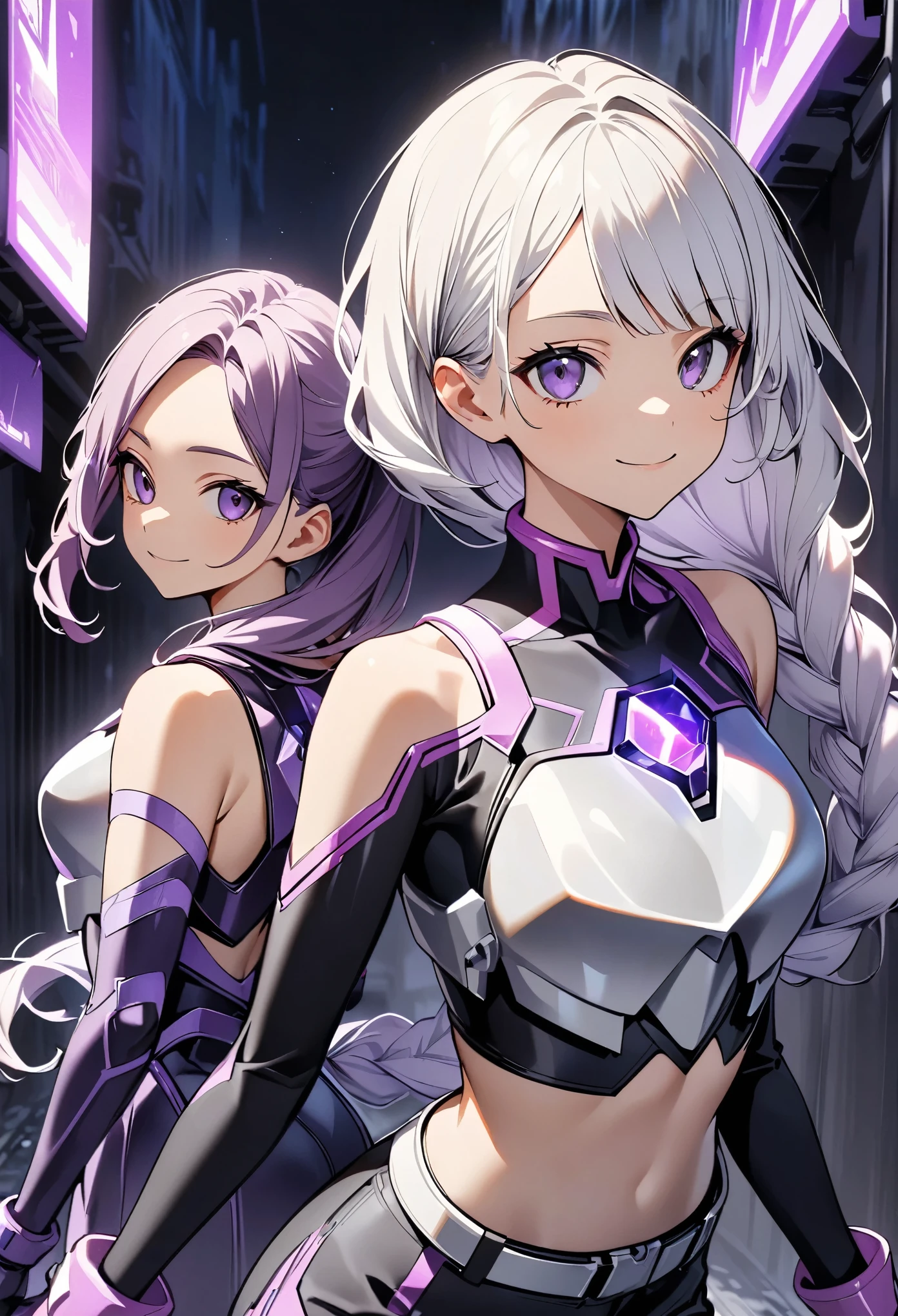 (highest quality:1.2, Very detailed, animeスタイル:1.37, anime, High Contrast, masterpiece:1.2, highest quality, Best aesthetics), Two Girls, Two girls back to back, Random Action Pose, (Girl on the right, ponytail, Cyber Suit,Look Up, smile), (The girl on the left, Cyber Suit, Separated sleeves, Bare shoulders, Black cropped top, Silver breastplate, Purple energy orb on chest, Black shorts, Belt that connects the arm and body, 黒に紫色のアクセントが入ったCyber Suit, ((Purple and white gradient hair color:1.37, Braided long hair, Only the bangs are dark purple:1.1, Asymmetrical bangs)), Purple Eyes, Double eyelids, Detailed face, Loose braid, Indifference, kind), Dark color palette, Dark Alley, night, Near future city, night sky, Perfect ???????, Cowboy Shot.