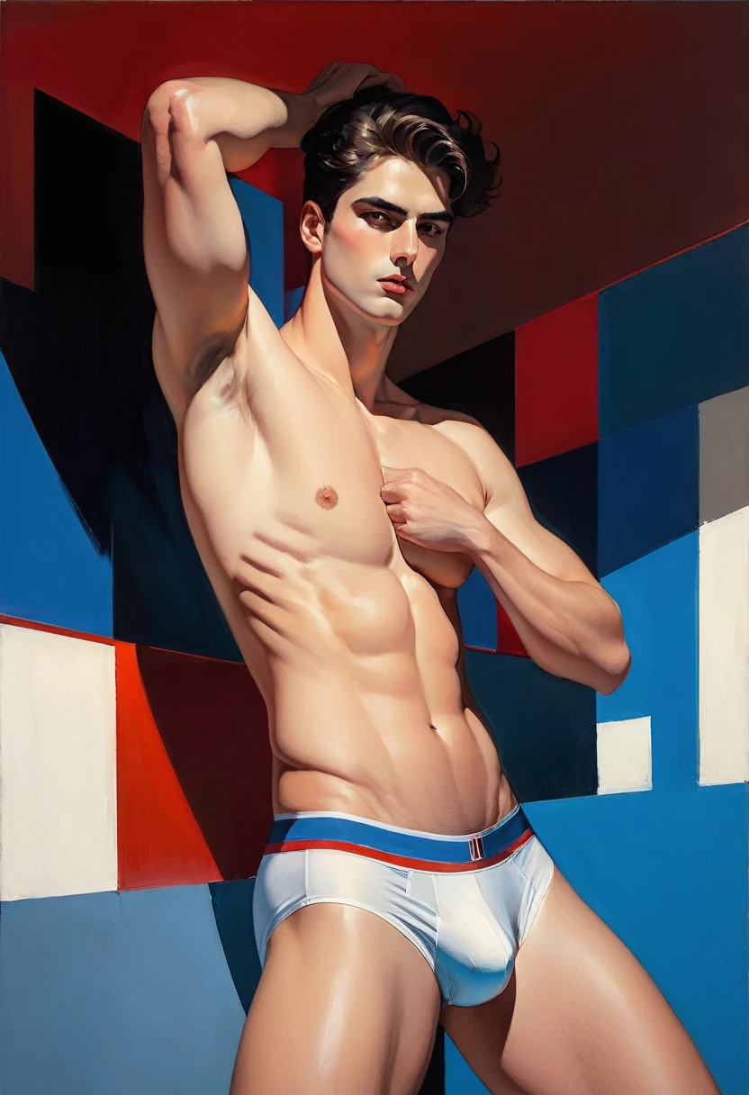 chiaroscuro technique on sensual illustration of an arafed man in white underwear, sexy masculine, diego fazio, male model, by Ludovit Fulla, model with attractive body, inspired by Ludovit Fulla, mid-shot of a hunky, the model draped in flowing, thick oil painting by Harumi Hironaka, extremely soft colors, vibrant, highly detailed, malcolm liepke painting, oil on canvas, high contrast, dramatic, refined, tonal, Create high contrast between light and shadow fire around, there is a red circle on a blue and red square, inspired by Bauhaus, in a shapes background, brown red blue, circle forms, red blue, by Leon Polk Smith, memphis abstract minimal art, graphic shapes, minimal art, blue and red, minimal art style, bauhaus art, inspired by El Lissitzky, bold simple shapes