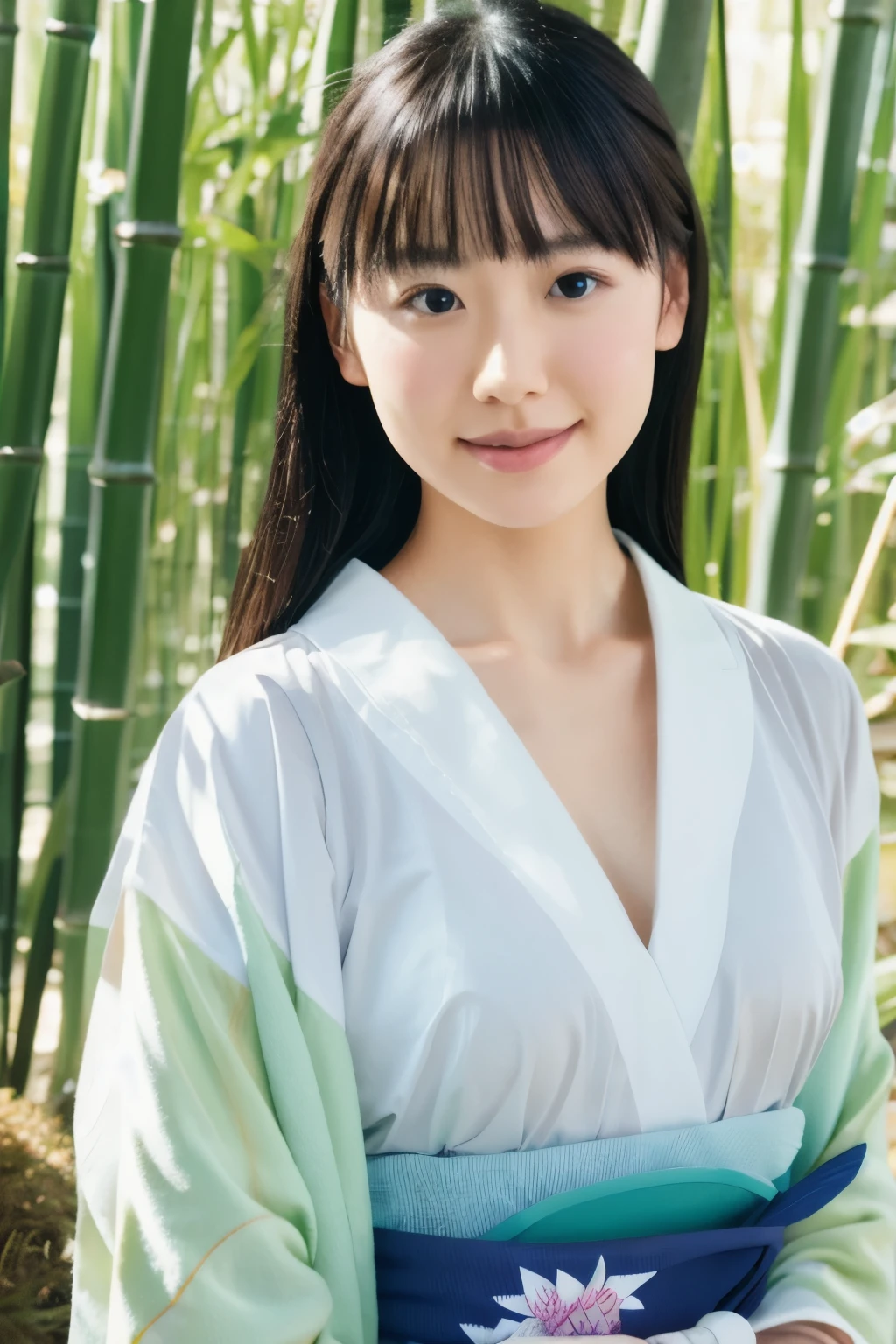 Masterpiece, High quality, High resolution, 8K, Realistic Japan woman in bamboo bushes, beautiful japanese female, goddess of Japan, Beautiful Face, detailed face, detailed eyes, Tie up your hair, Wearing a white wet translucent kimono, Inserting kanzashi, A MILF, Sexy Japanese woman, A 30-year-old woman, Looking at the camera, facing front, face forwards, rain is falling, Beautiful collarbone