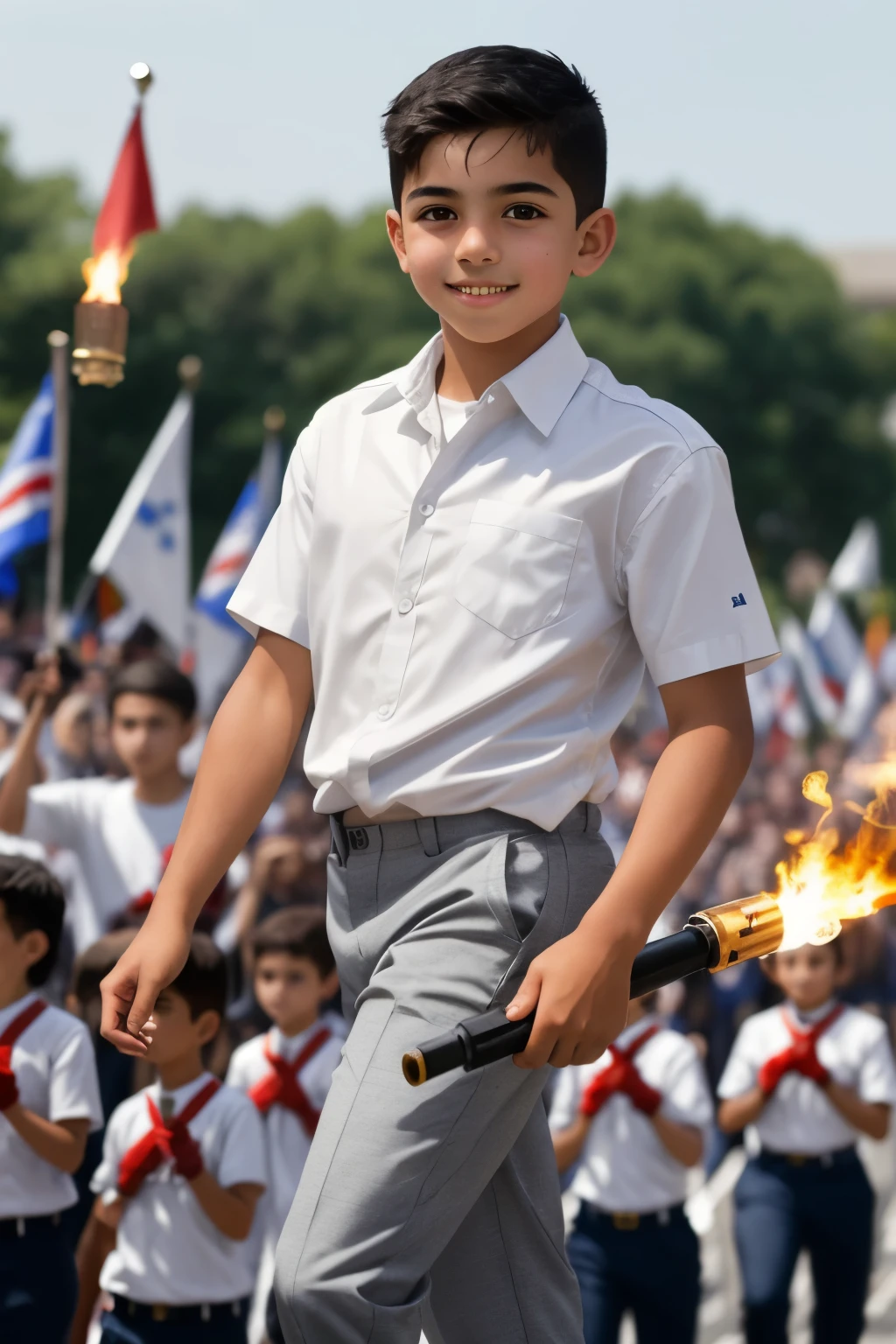 Latino student boy with white shirt and gray pants in parade with a torch