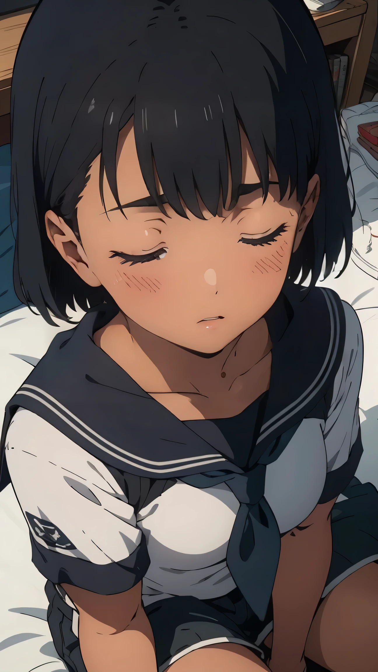 {{kofune mio}}, {summertime render}, (Top view:1.2),(A face waiting for a kiss:1.3), (blush:1.5), closed eyes, closed mouth, black short hair, Calm expression,A faint blush, medium breasts, dark skin, dark-skinned female, white serafuku, short sleeves, black neckerchief, 1girl, solo,very aesthetic, best quality, amazing quality, ,curated, illustration, highly detailed, anime coloring,sitting on bed
BREAK
Super detailed, Official Art, unity 8k wallpaper , Tangled, Mandal