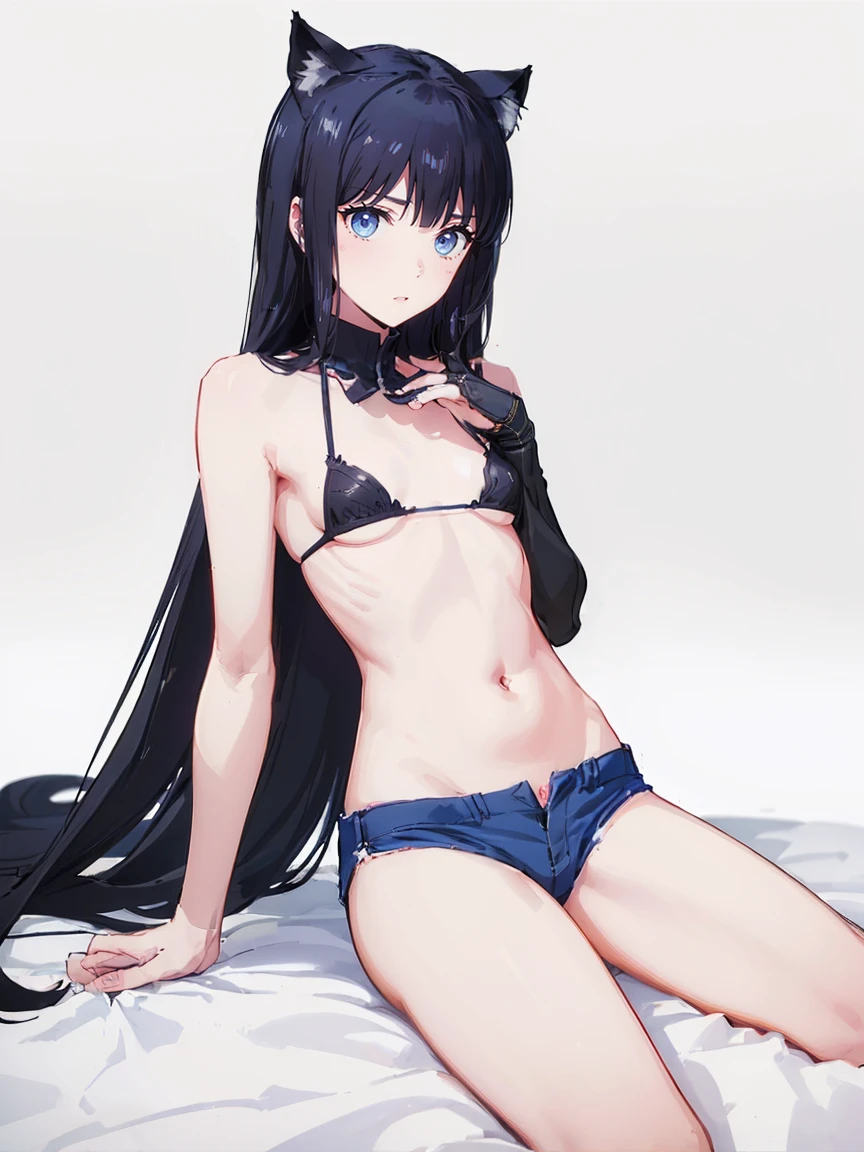 woman,Full body photo, ((white background. ))) Best image quality, high quality, The background is clear,きれいなwoman, Japanese, detailed, detailed eyes, detailed skin, Beautiful Skin, 超High resolution, (reality: 1.4),とても美しいwoman, A little younger face, Beautiful Skin, thin, (Ultra-photorealism), (High resolution), (8k), (非常にdetailed) (Beautiful and detailed eyes), (非常にdetailed), (detailed face), Displaying the viewer, Fine details, detailed face, Staring straight ahead, Staring straight ahead, Photo Real, Baby Face,Hairstyle: long hair,Blonde、smile,(((Catwoman、bikini ,breasts out,belly button、Shorts、)))(Flat chested,)(((flat chests,)))((Blowing the vertical whistle,))hair over one eye, from below, (((sitting、)))