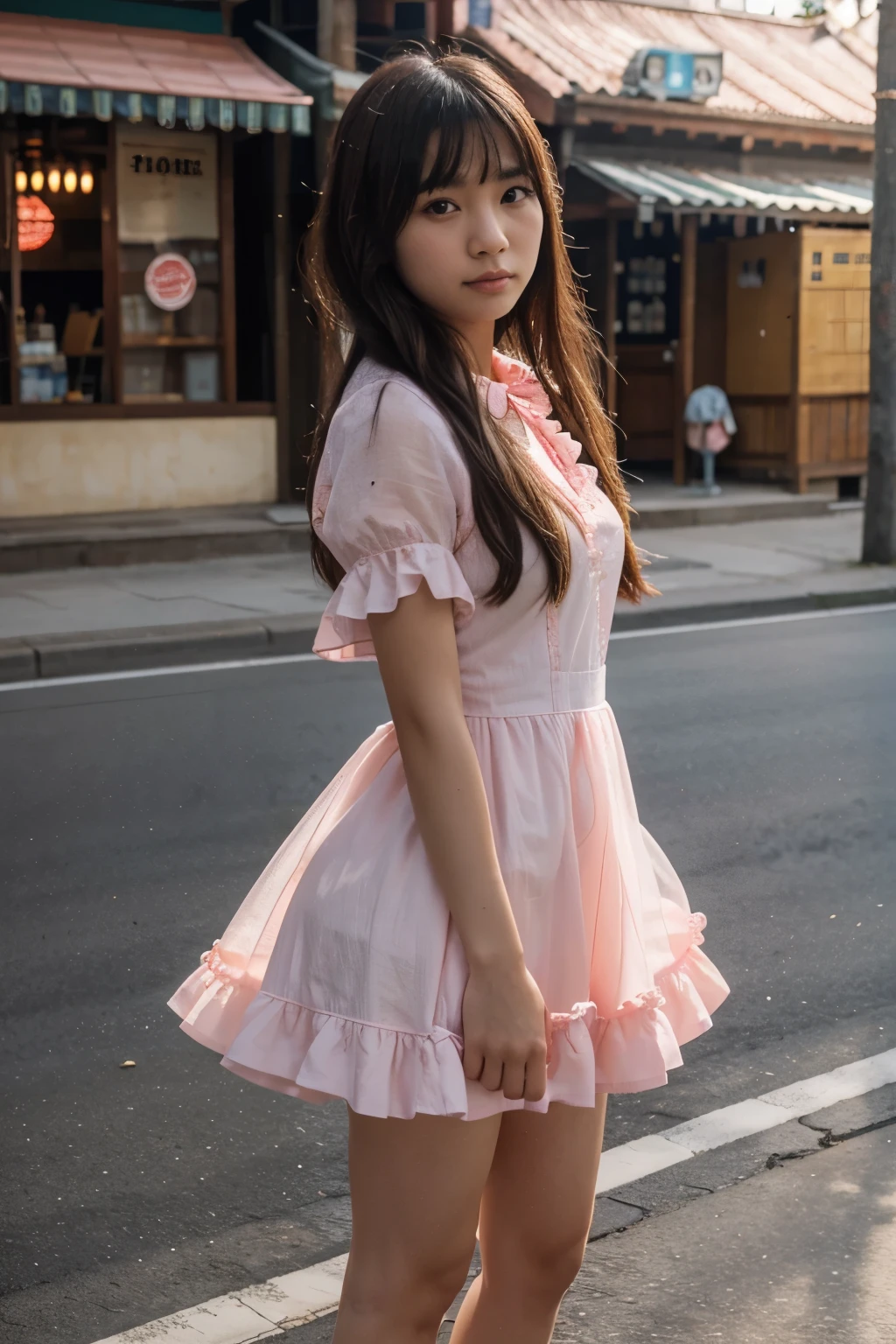 a young asian girl full body wearing a short frilly pink dresses