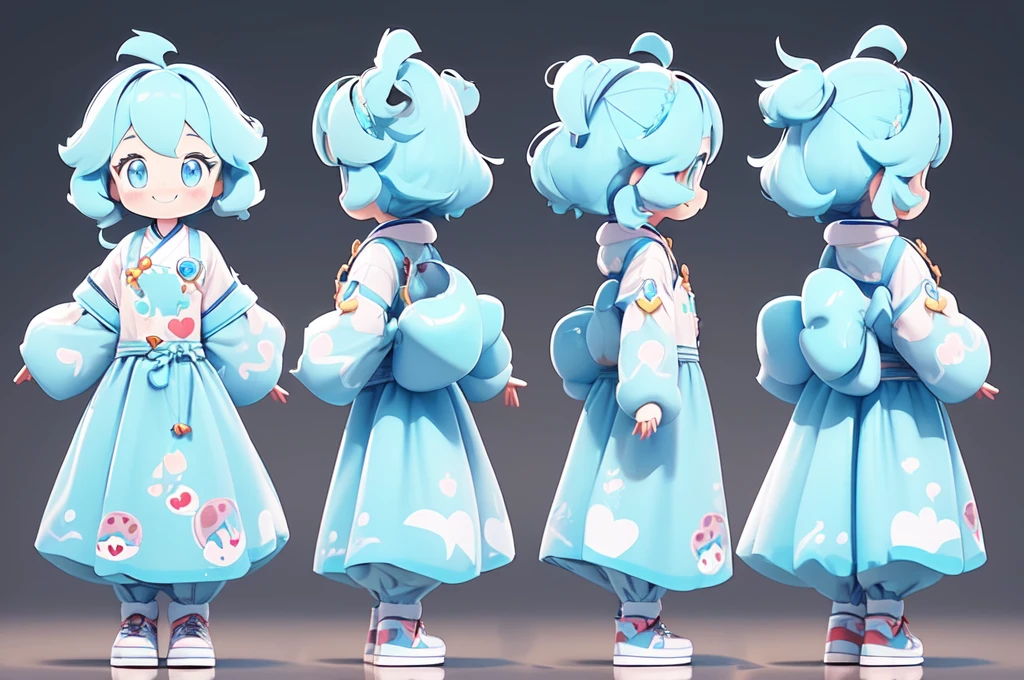 sanshitu, Three Views, whole body, Heart-shaped pattern on chest,Friendly Ambassador of the Mental Health Education and Counseling Center, Cute appearance,mascot,front view,Side View,Rear view,Light blue hair,Show a smile
