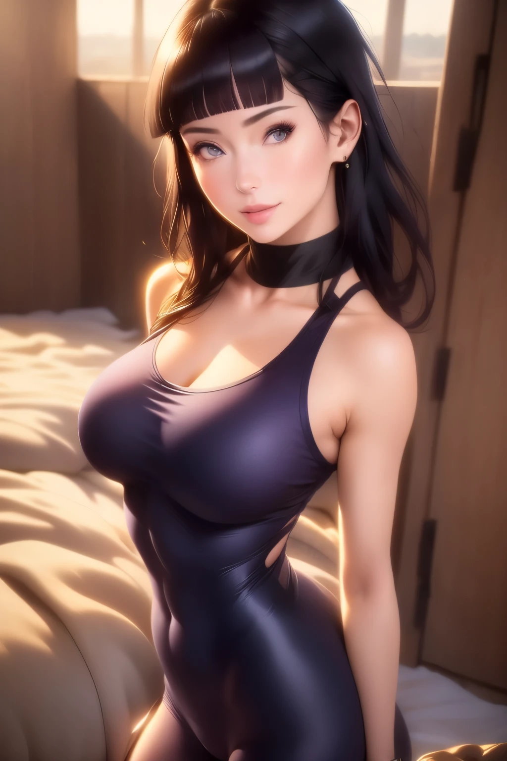 (best quality,4k,8k,highres,masterpiece:1.2),ultra-detailed,(realistic,photorealistic,photo-realistic:1.37),hinata hyuga from naruto, in new york, wearing skin tight gym suit, doing plank in rooftop, Sun light, perfect body, fit figure, fit waist, naughty smiling, bed, perfect rounded breast, attractive cleavage showing,sexy, attractive , perfectly curved