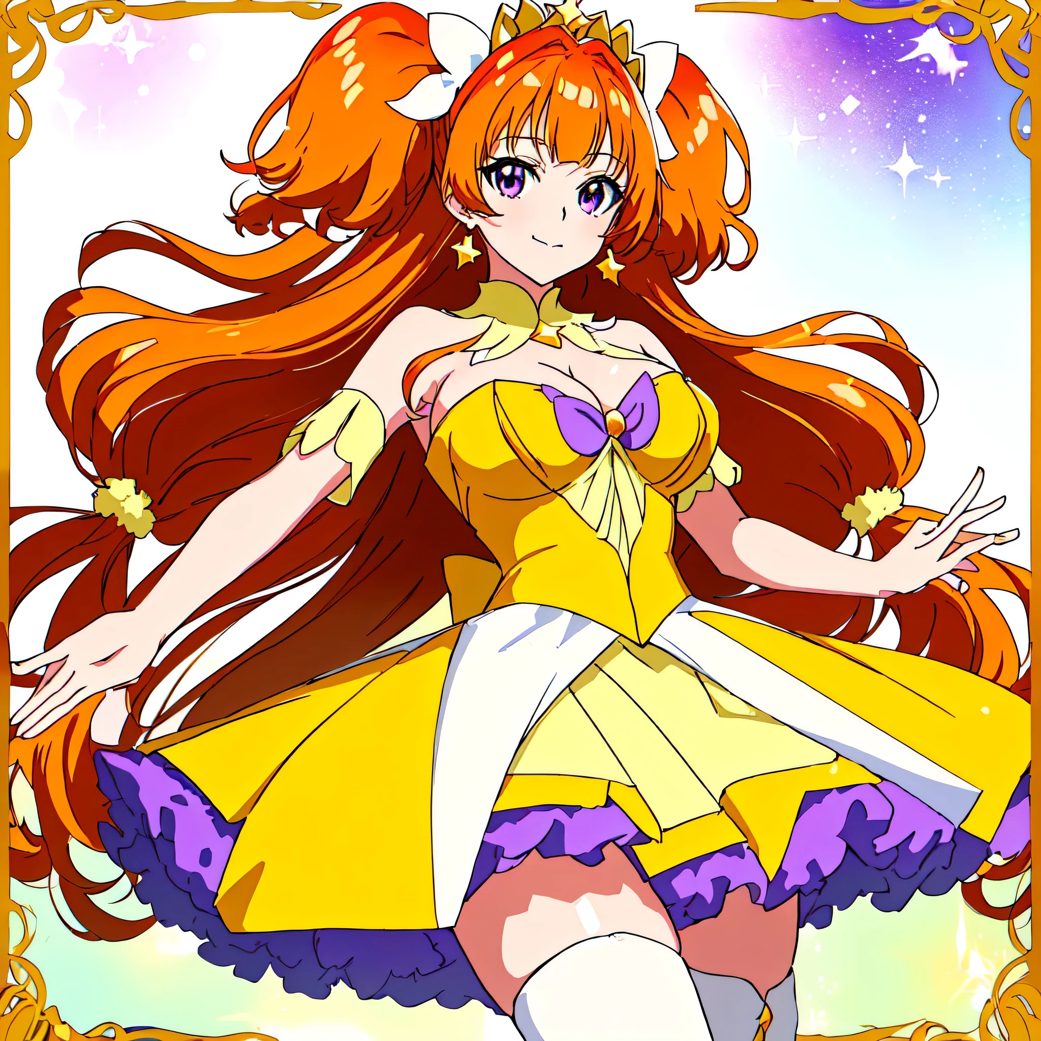 Close-up of a cartoon female character in a dress、solo、Orange-brown hair、Half twin tail hair、Purple Eyes、Long two-side updo with back hair、High-quality artwork、Sparkling Magical Girl、Official Art、Cool women、Anime Princess、Official Artワーク、Dress Up Darling Anime、Orange and yellow costume、Muscular Woman、Sexy vibe、Official Anime Artwork、1024x1024、Glowing Skin、Bare shoulders、JewelryBrooch、Bare Arms、Bare neck circumference、Bare chest、Big Breasts、cleavage、Very large breasts、Purple mini skirt with yellow frills、Shoulder Strapless Dresagic Girl、Pale orange thigh-high boots、Fan art、beautiful、looking at viewer、Cowboy Shot、