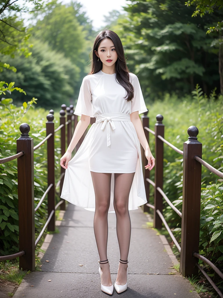 (8K,best quailty,tmasterpiece:1.2),(Photoreality:1.4),(RAW photos),The details are complex,Arapei Asian woman poses for photo in red tight dress and high heels, stylish dress,Sexy dress, tight attire,Sheer dress, korean women's fashion model, Woman in dress, Korean girls, skinny waist and thick hips, wearing dresses, stylish dress, Korean woman, Translucent dress,Wearing brown stockings,Brown 40d pantyhose,Balenciaga stockings,elegant glamor pose, photo of slim girl model, standing elegant pose, fashion model photography, Beautiful model girl, cute elegant pose, Beautiful girl model, very beautiful slim legs, Long thin legs, woman model, very beautiful long slim legs, height of 165cm,On a small bridge in the forest park,There are streams,There are trees