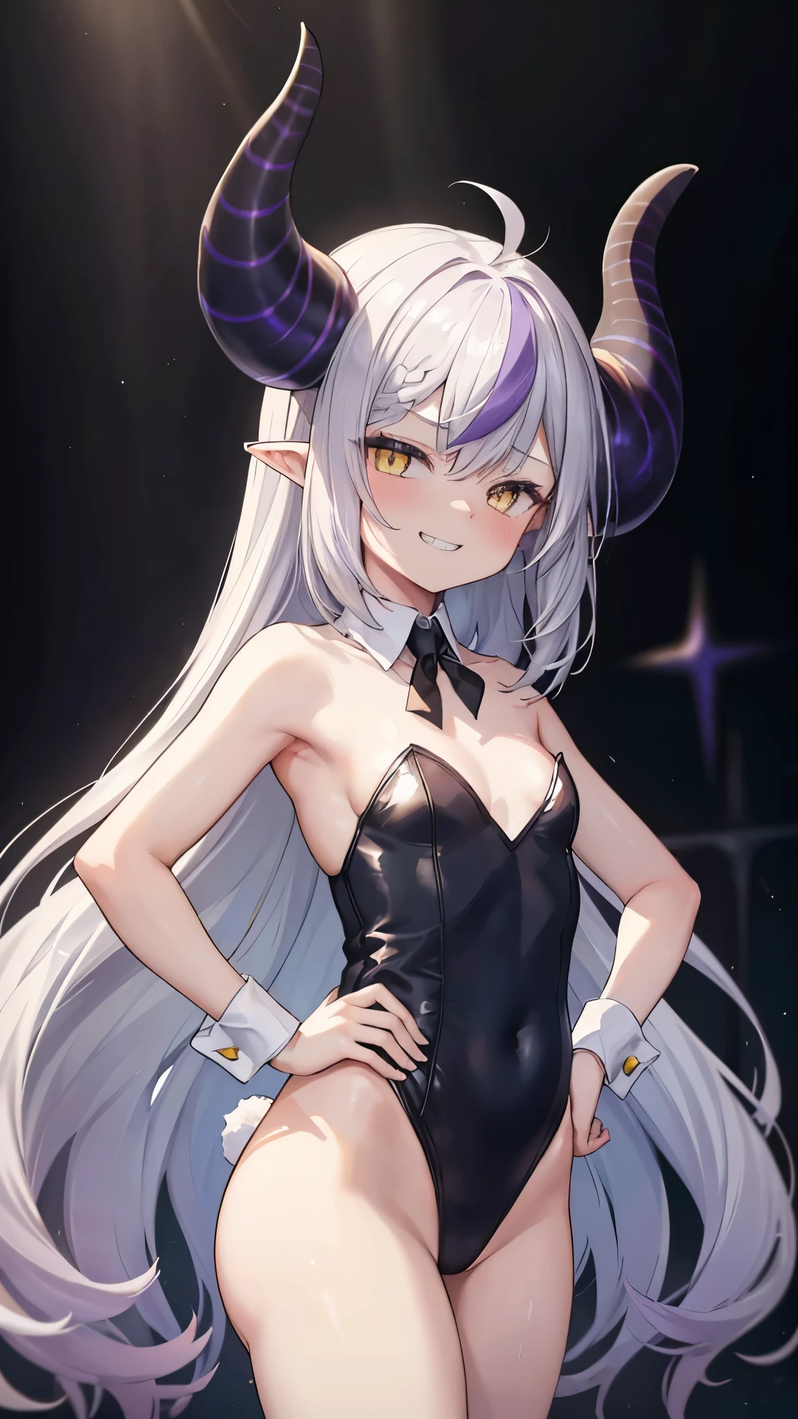 (8k、Best image quality、highest quality、masterpiece)、Detailed face、 One girl、((Laplus darkness))、Gray Hair、Long Hair、Yellow Eyes、Pointed Ears、((Big horns))、evil smile、((Grin))、((Small breasts))、((playboy bunny))、Cowboy Shot、Hands on hips、Stage Background