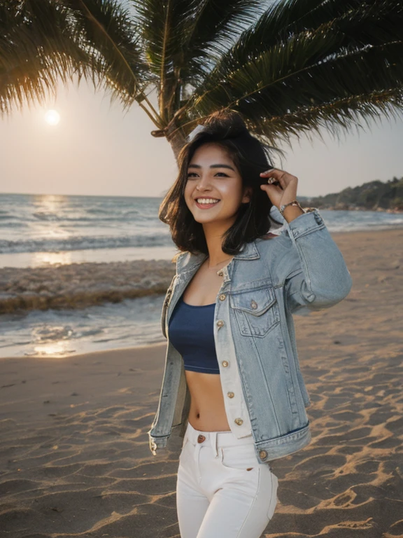 Indian tomboy, fair complexion, (wearing jeans, denim jacket and white inner), short hair, 28-year-old, detailed hands, palms, laughing and happy, beach, moon light, night time realistic skin , ultra hd photo, girl is happy face , cinimaticc pose , full body picture, pose flawless complexion, top-notch 3D rendering, hyper-realistic, shot on beach,. photorealistic digital art trending on Artstation 8k HD high definition detailed realistic, detailed, skin texture, hyper detailed, realistic skin high resolution, detailed, raw photo, 400 camera f1.6 lens rich colors hyper realistic lifelike texture