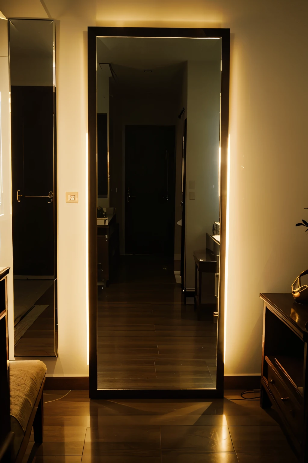 A large mirror hanging in the light-out living room of a Korean house on a dark night